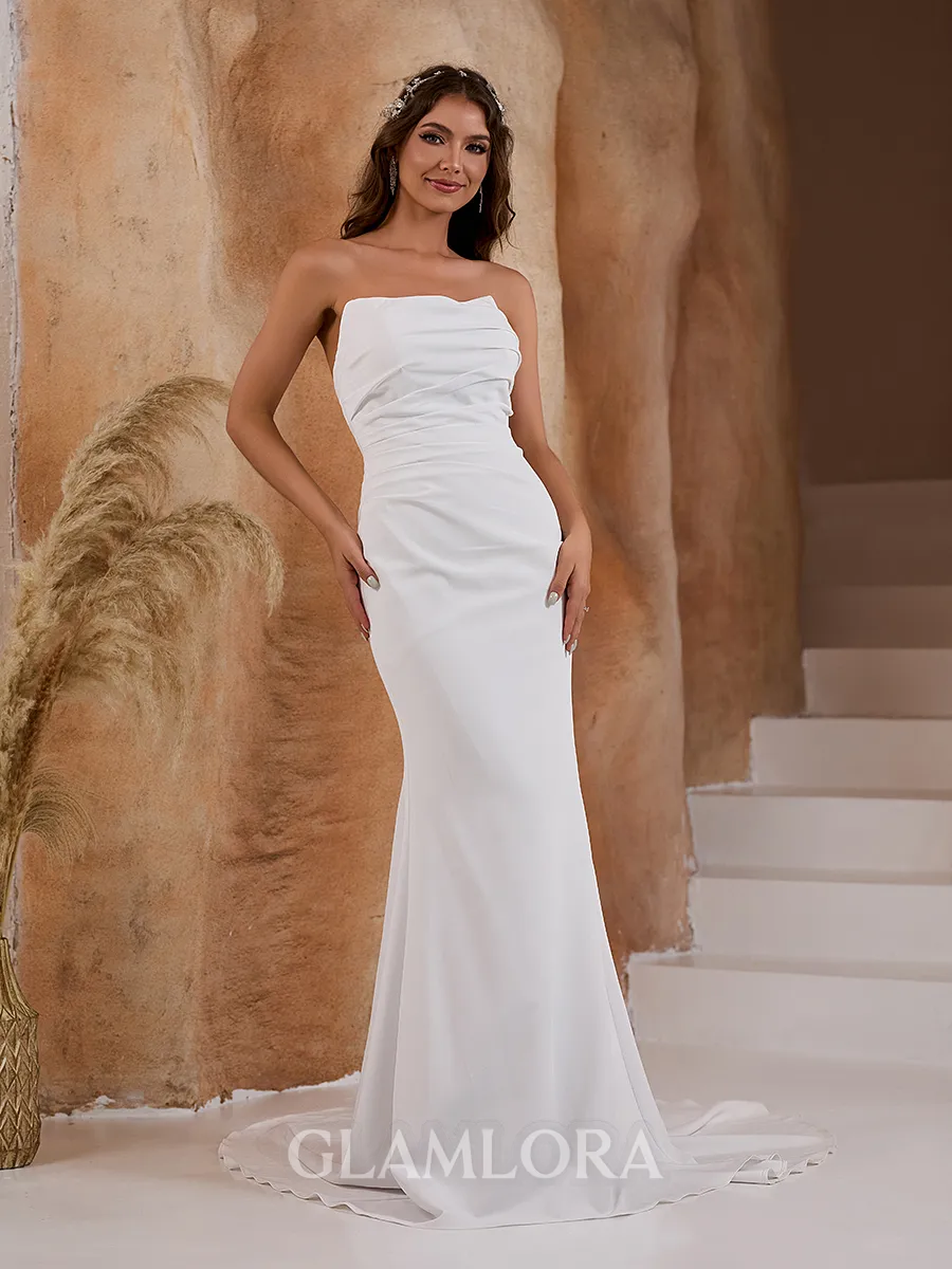 Stylish Sheath/Column Straight Stretch Crepe Court Train Wedding Dress With Pleated
