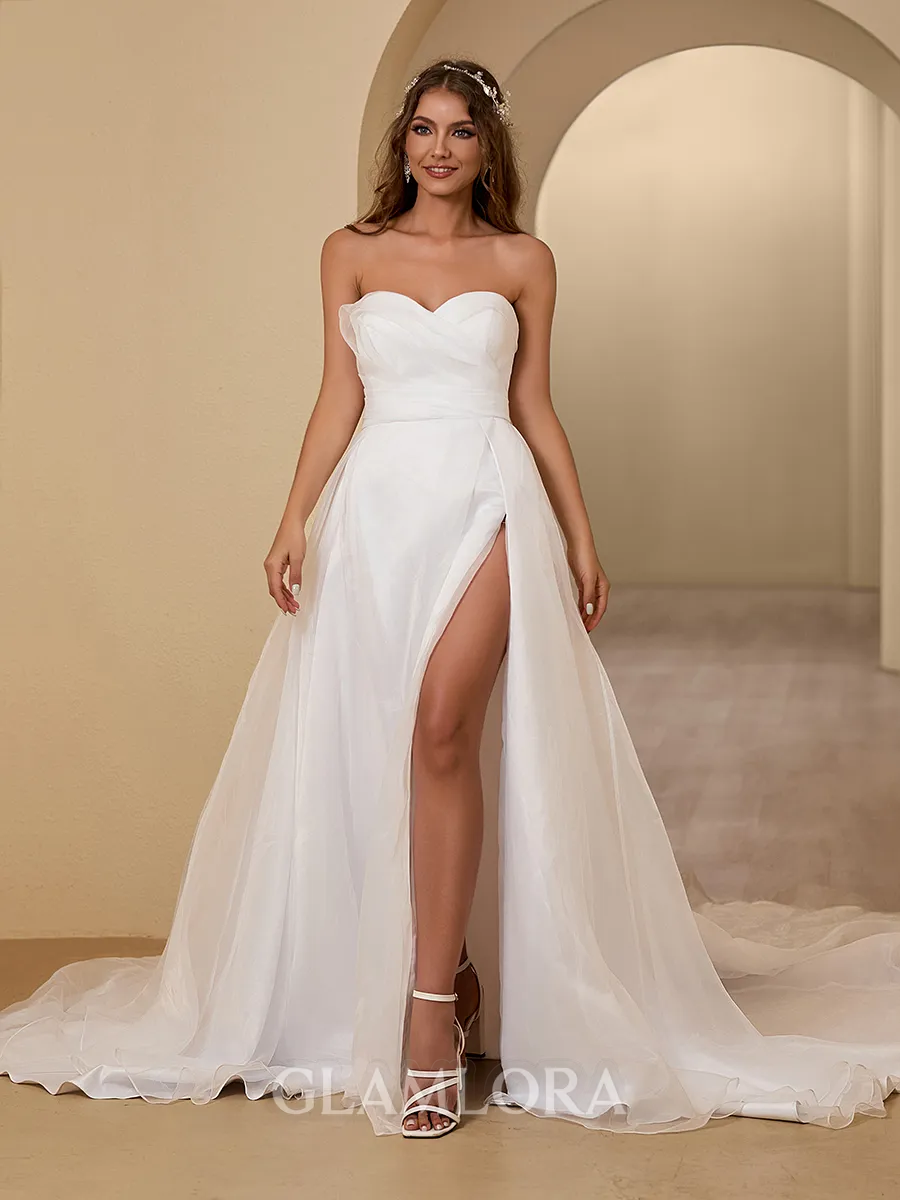 A-line Stunning Sweetheart Organza Cathedral Train Wedding Dress With Slit