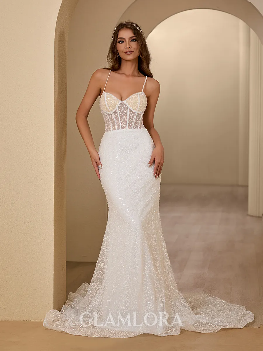 Trendy Sheath/Column Spaghetti Straps Court Train Corset Wedding Dress