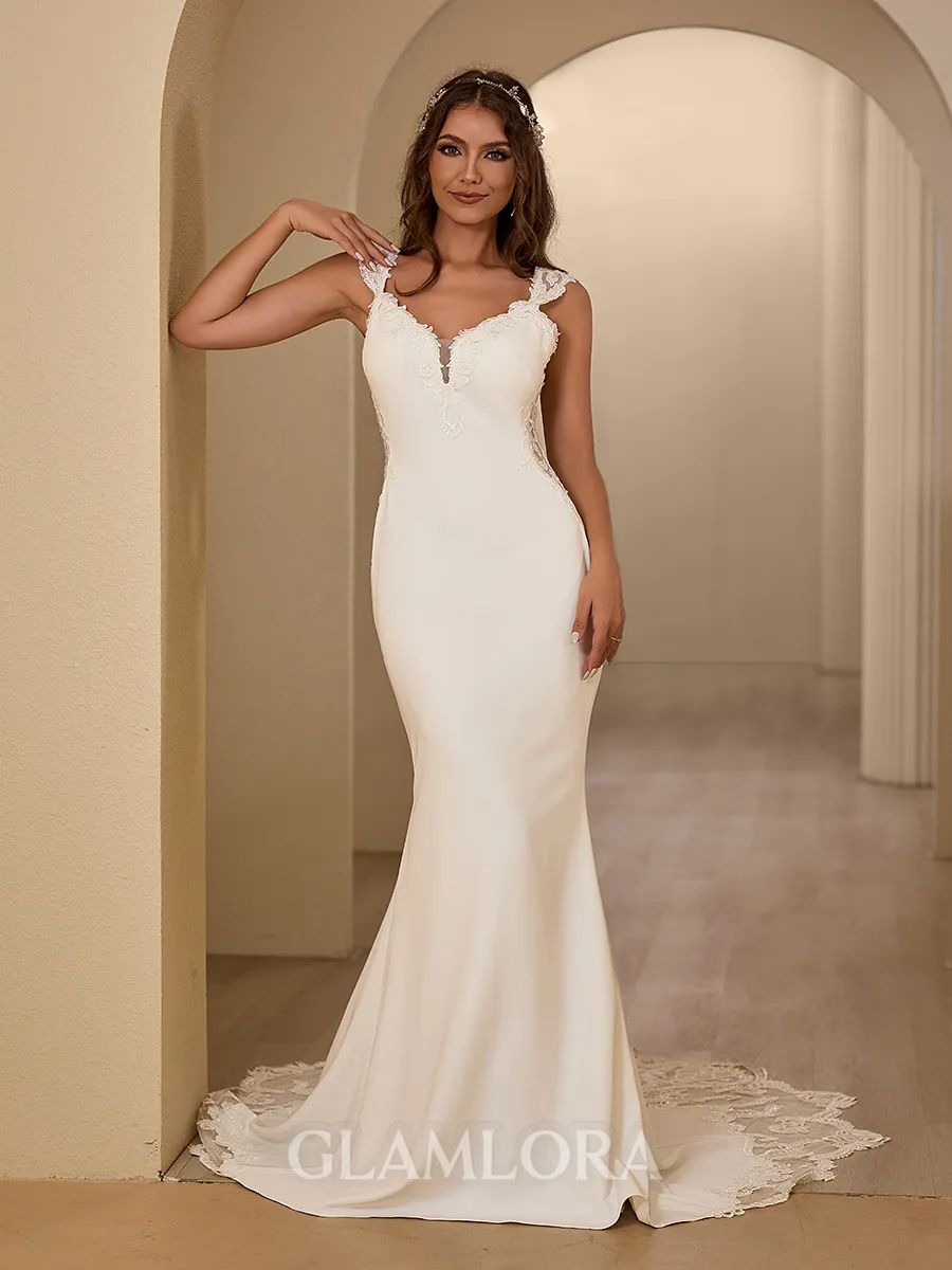 Sheath/Column Exquisite V-neck Stretch Crepe Chapel Train Wedding Dress With Appliques Lace