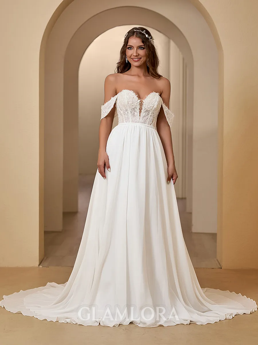 Dazzling A-line Off-the-Shoulder Chiffon Court Train Wedding Dress With Appliques Lace
