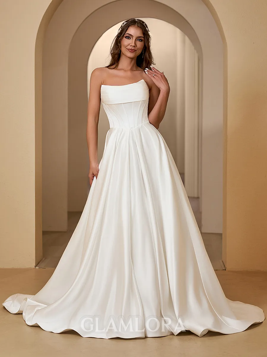 Pretty A-line Straight Satin Sweep Train Corset Wedding Dress With Pleated