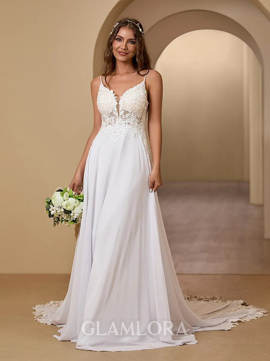 Charming A-line V-neck Chiffon Cathedral Train Wedding Dress With Appliques Lace