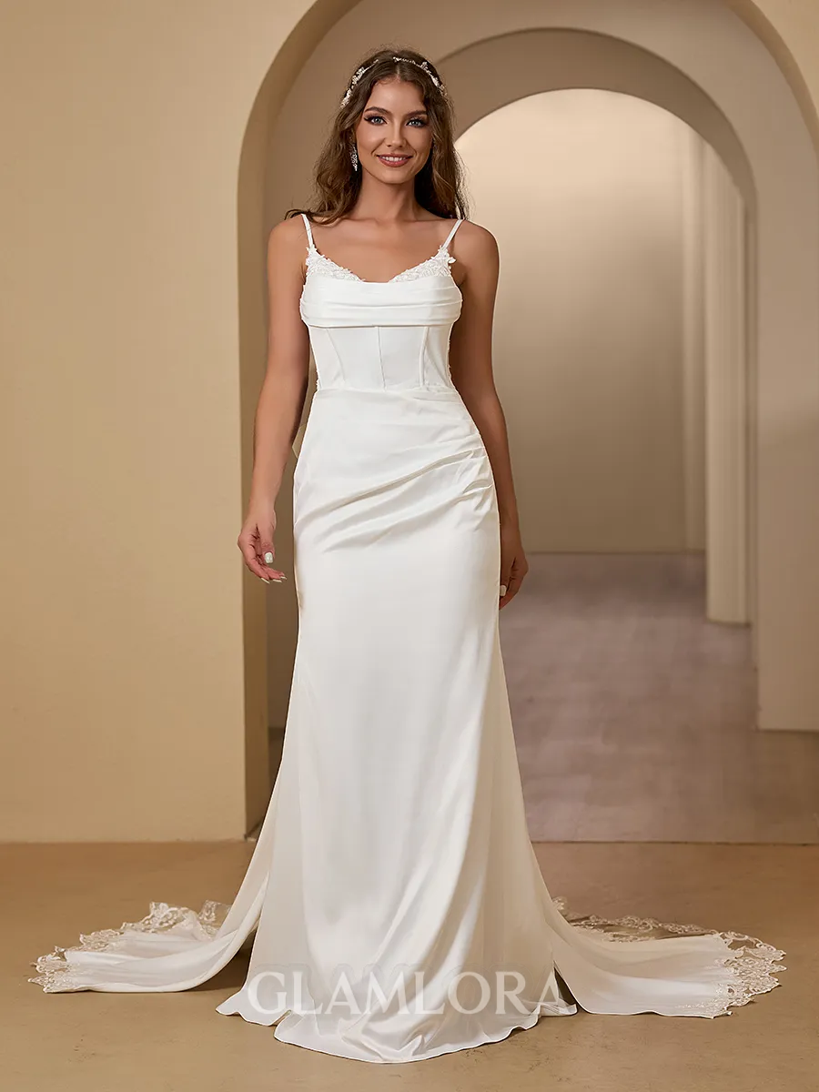 Sheath/Column Dreamy Spaghetti Straps Charmeuse Court Train Corset Wedding Dress With Detachable Train