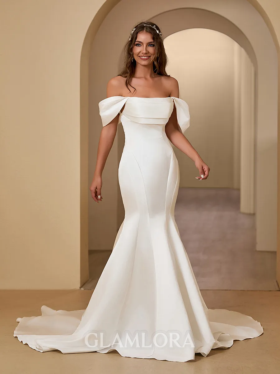 Elegant Trumpet/Mermaid Off-the-Shoulder Satin Chapel Train Convertible Wedding Dress With Pleated