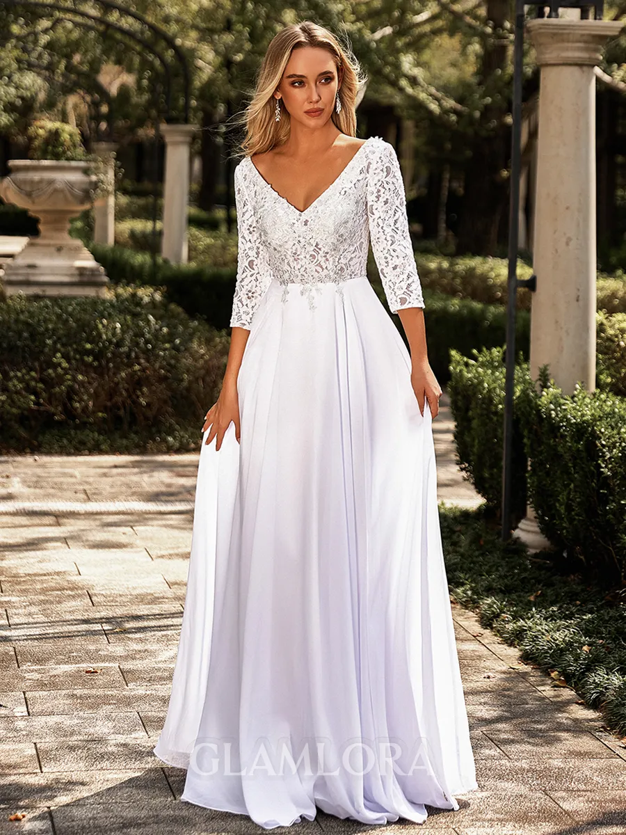 Fashion A-line V-Neck 3/4 Sleeves Appliques Lace Floor-Length Chiffon Wedding Dress