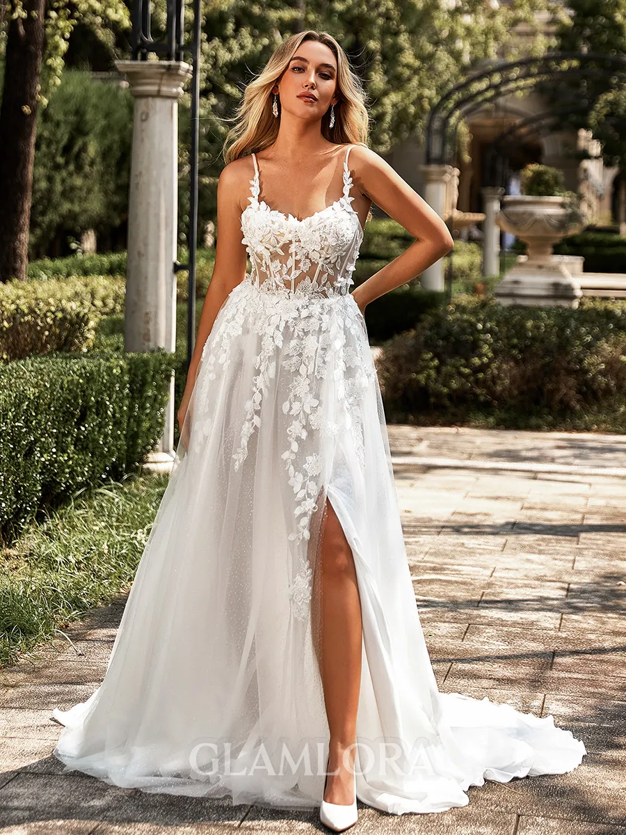 Glam A-line Spaghetti Straps Appliques Lace Court Train Tulle Corset Wedding Dress