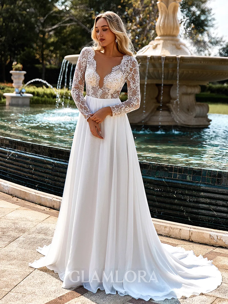 Charming A-line Scoop Long Sleeves Appliques Lace Court Train Chiffon Wedding Dress