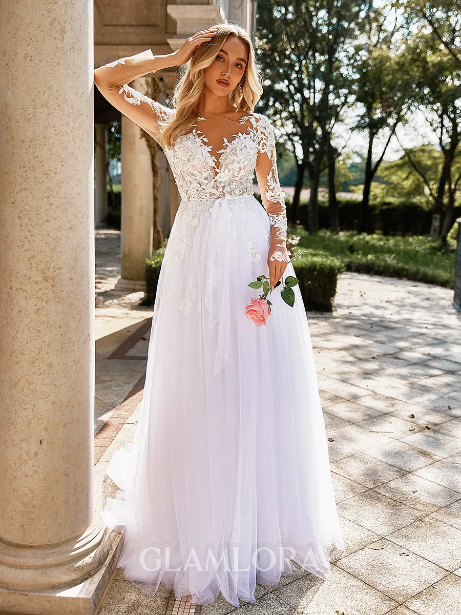 Delicate A-line Scoop Long Sleeves Appliques Lace Court Train Tulle Wedding Dress