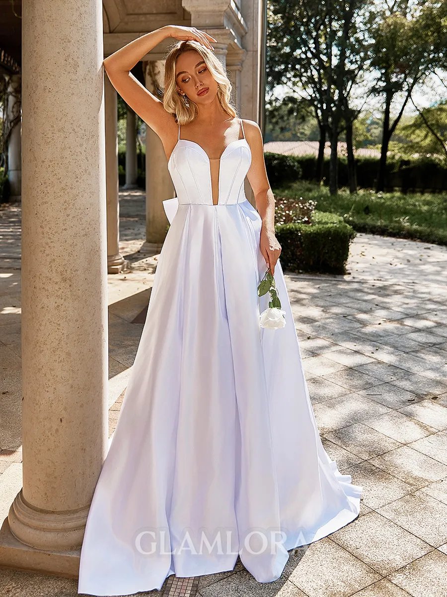 Exquisite A-line Spaghetti Straps Bow Sweep Train Satin Corset Wedding Dress