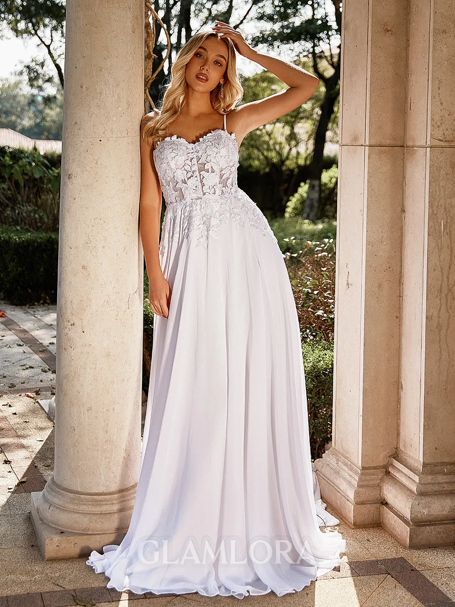 Dazzling A-line Spaghetti Straps Appliques Lace Sweep Train Chiffon Corset Wedding Dress