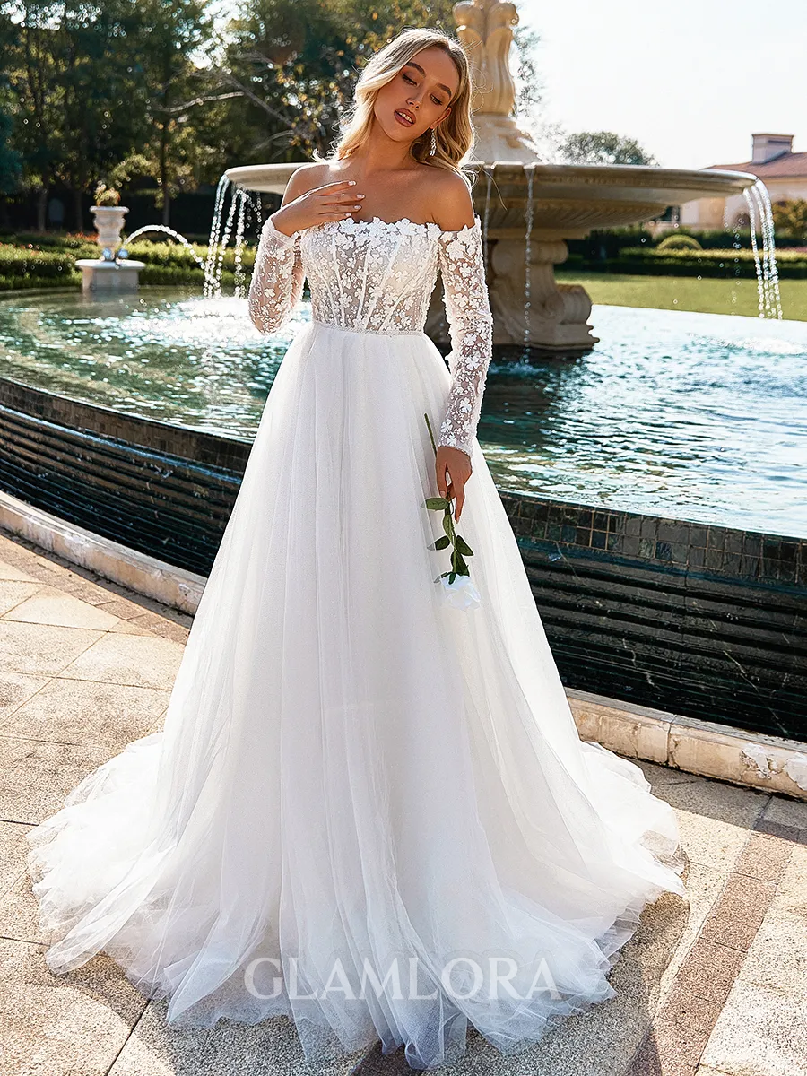Graceful A-line Off-the-Shoulder Long Sleeves Appliques Lace Chapel Train Tulle Corset Wedding Dress