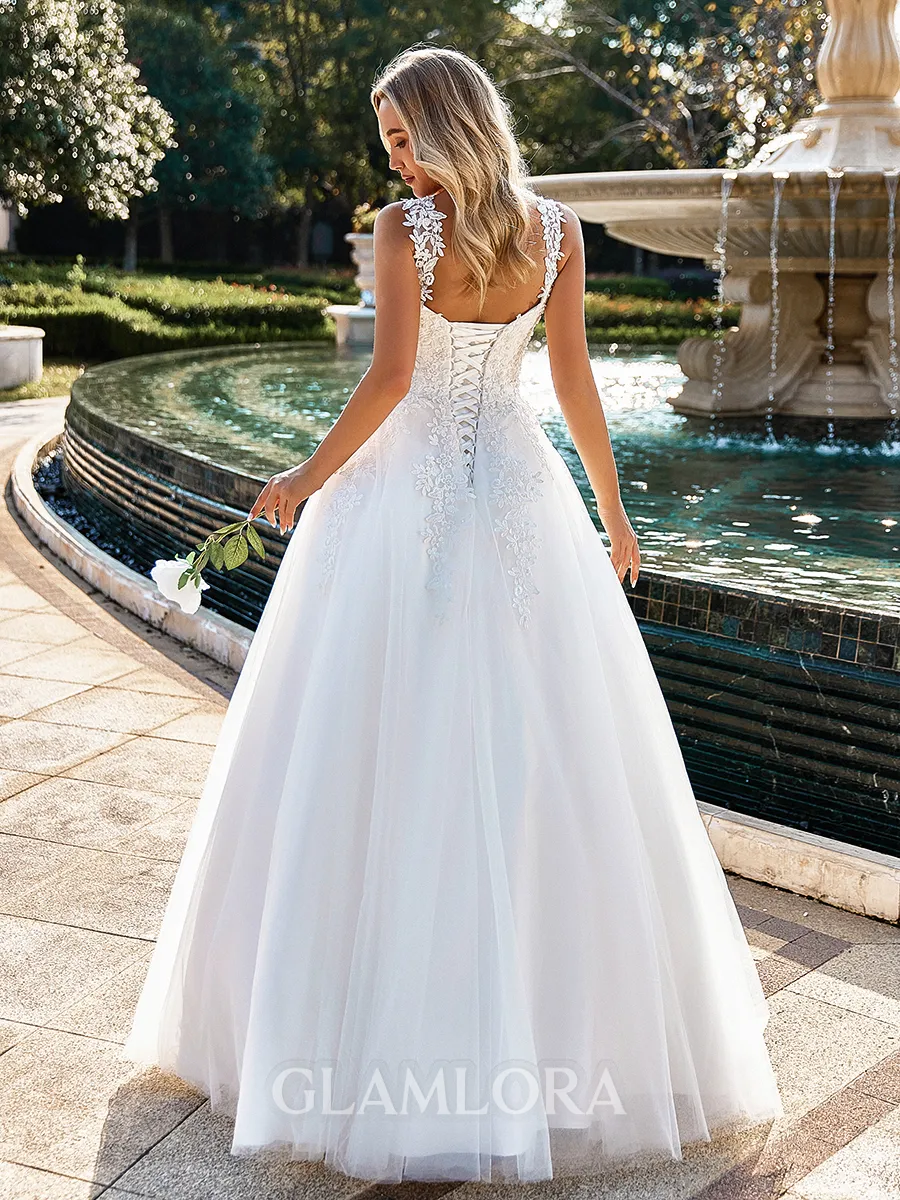 Elegant Ball-Gown Sweetheart Appliques Lace Floor-Length Tulle Wedding Dress