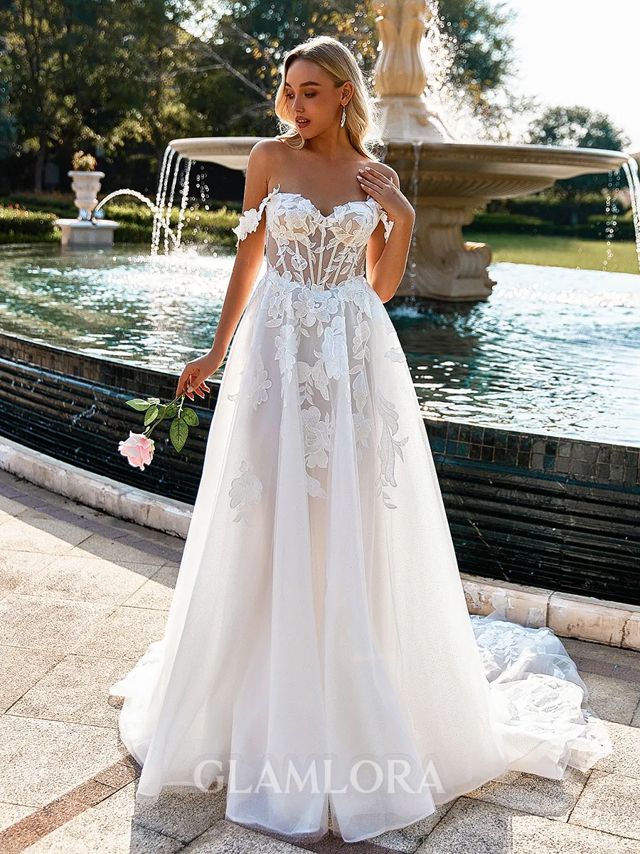 Timeless A-line Sweetheart Appliques Lace Chapel Train Tulle Corset Wedding Dress