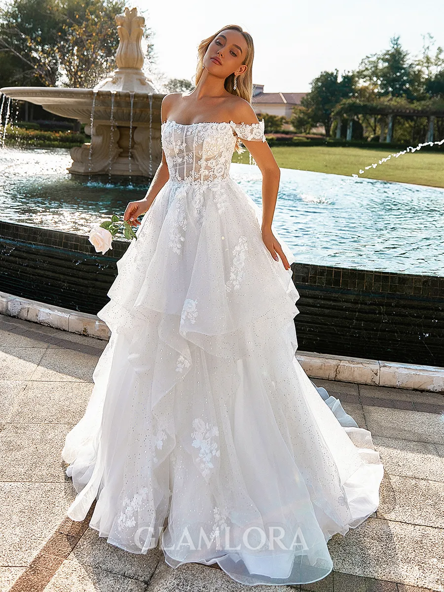 Modest A-line Off-the-Shoulder Appliques Lace Court Train Tulle Corset Wedding Dress