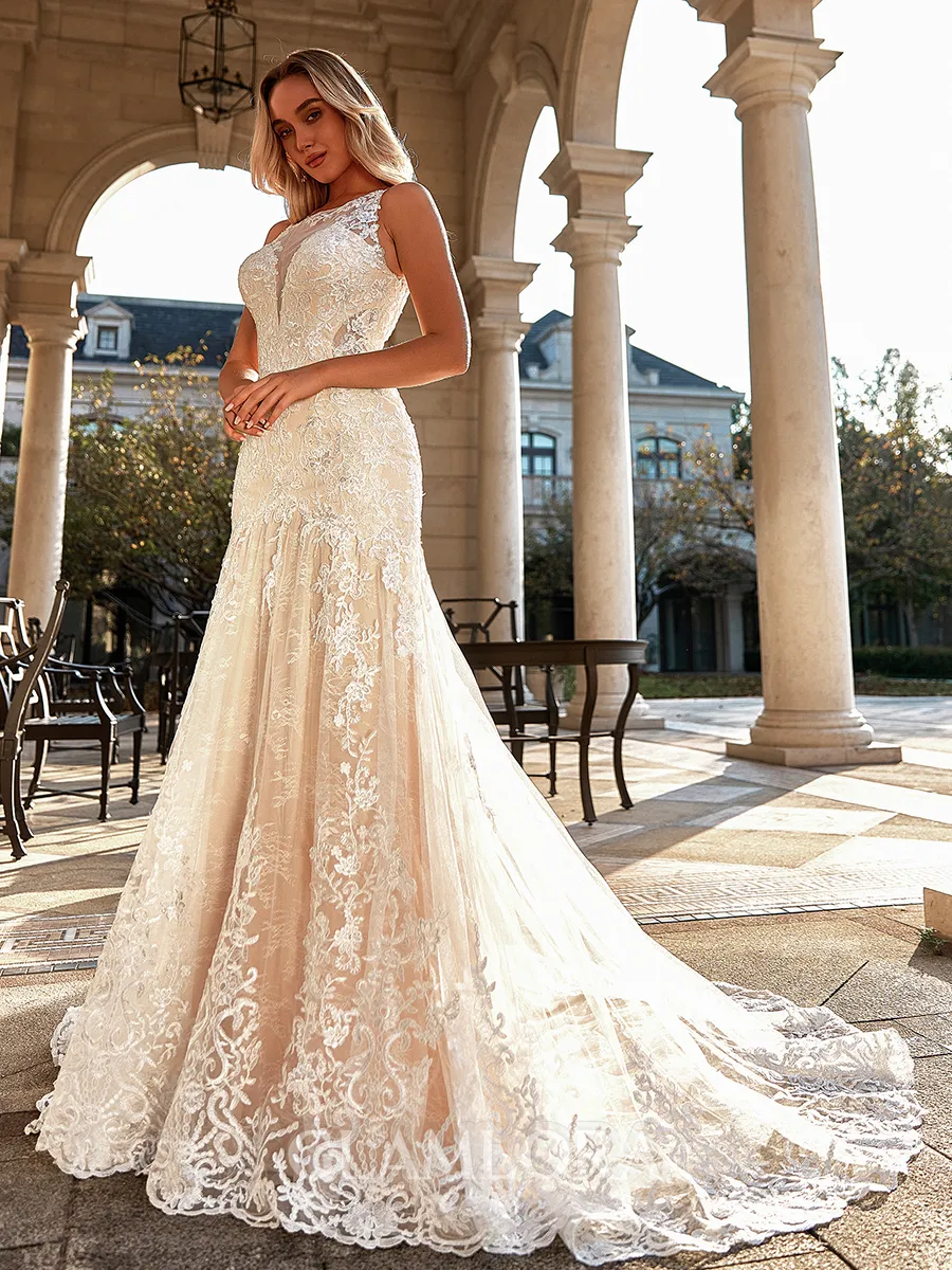 Stylish Sheath Scoop Appliques Lace Court Train Tulle Wedding Dress