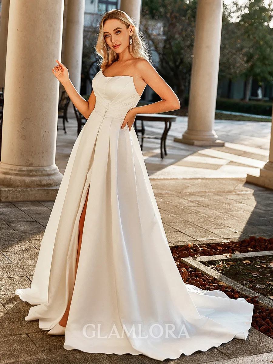Sophisticated A-line Straight Pleated Court Train Satin Wedding Dress