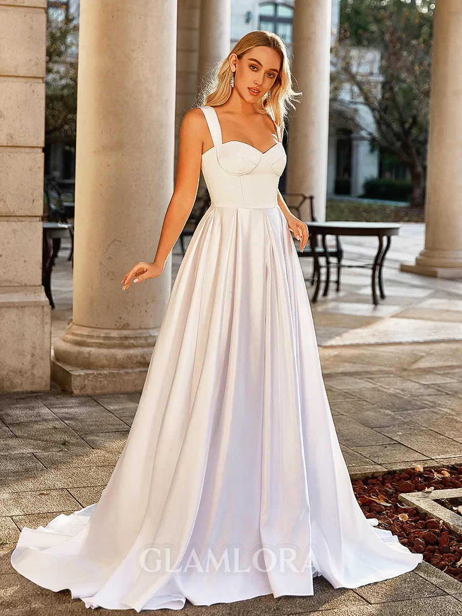Flowing A-line Straps Sweep Train Satin Corset Wedding Dress