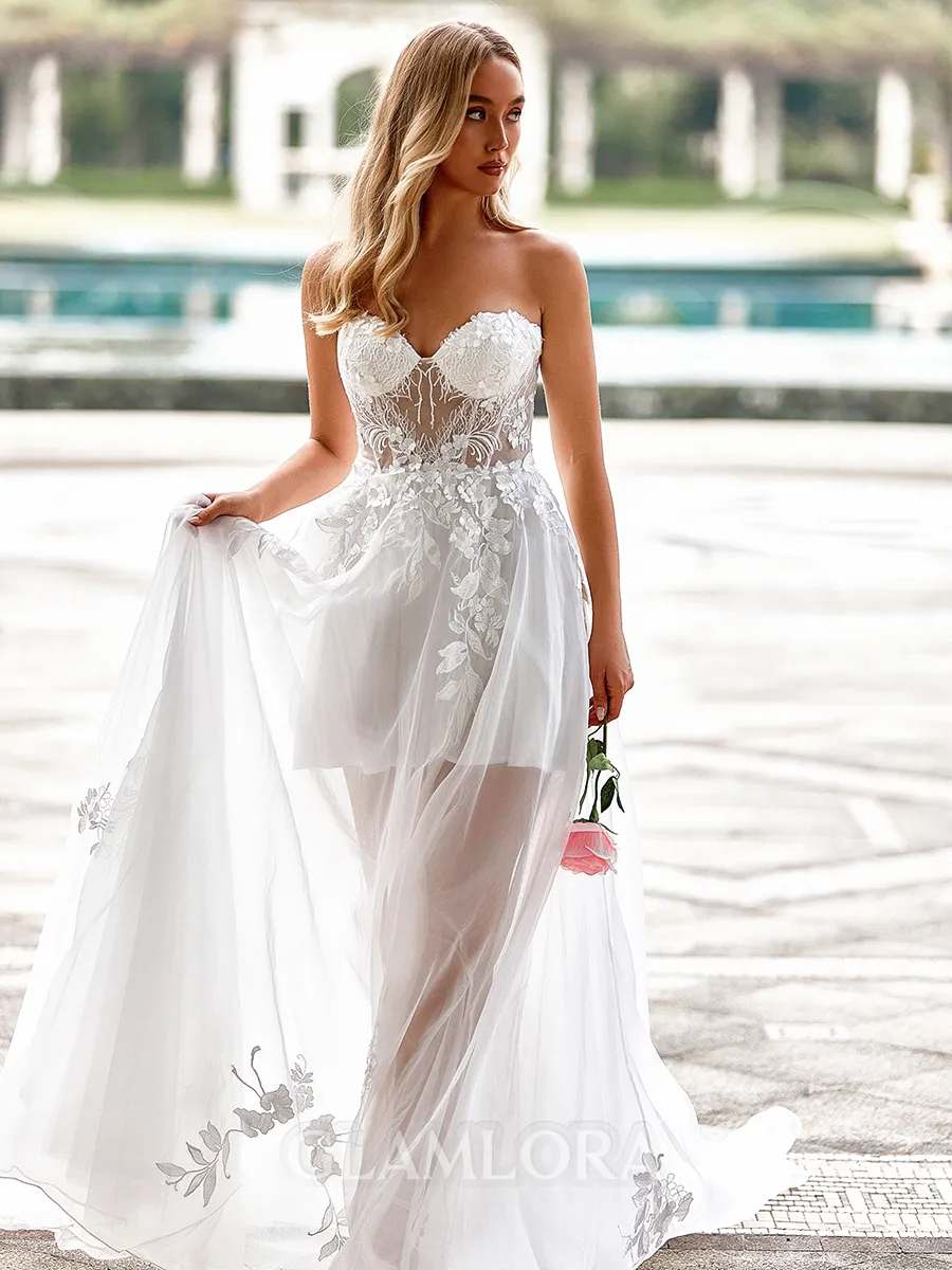 Balanced A-line Sweetheart Appliques Lace Sweep Train Tulle Wedding Dress
