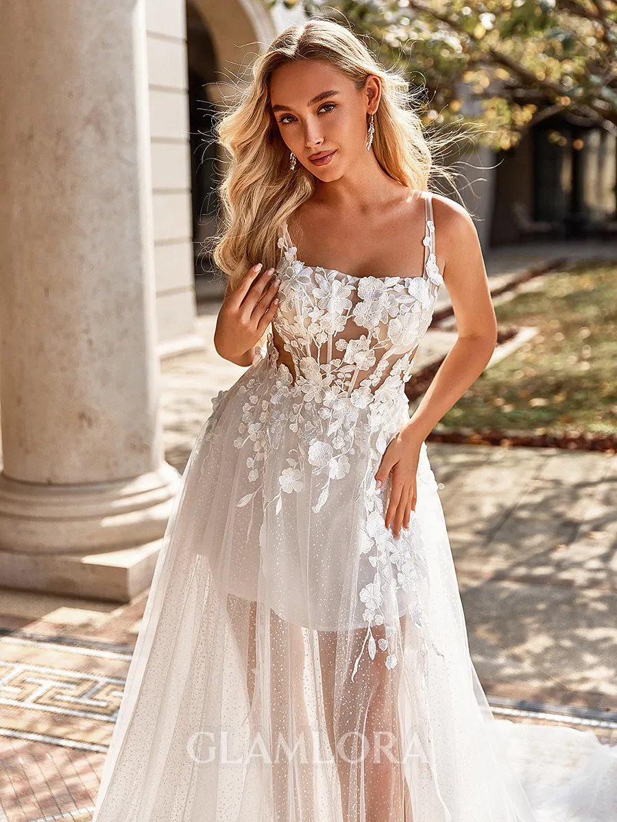 Unique A-line Square Appliques Lace Court Train Tulle Corset Wedding Dress