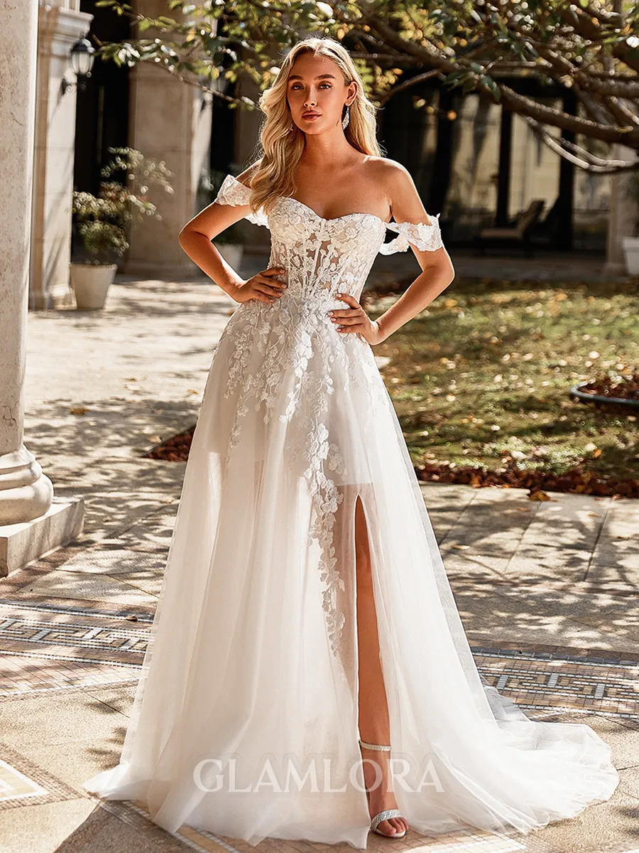 Pretty A-line Off-the-Shoulder Appliques Lace Court Train Tulle Corset Wedding Dress