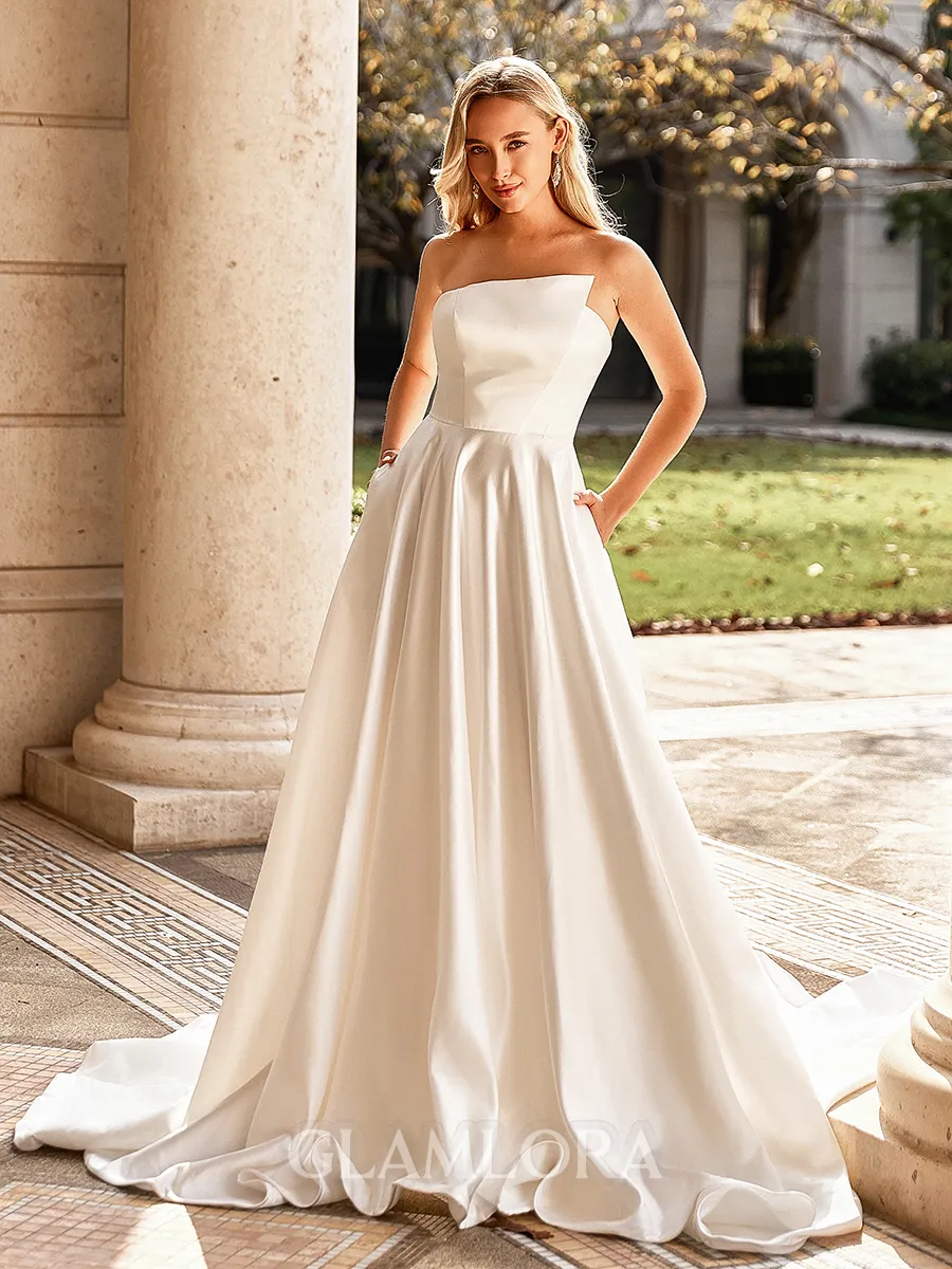 Flattering A-line Straight Chapel Train Satin Wedding Dress