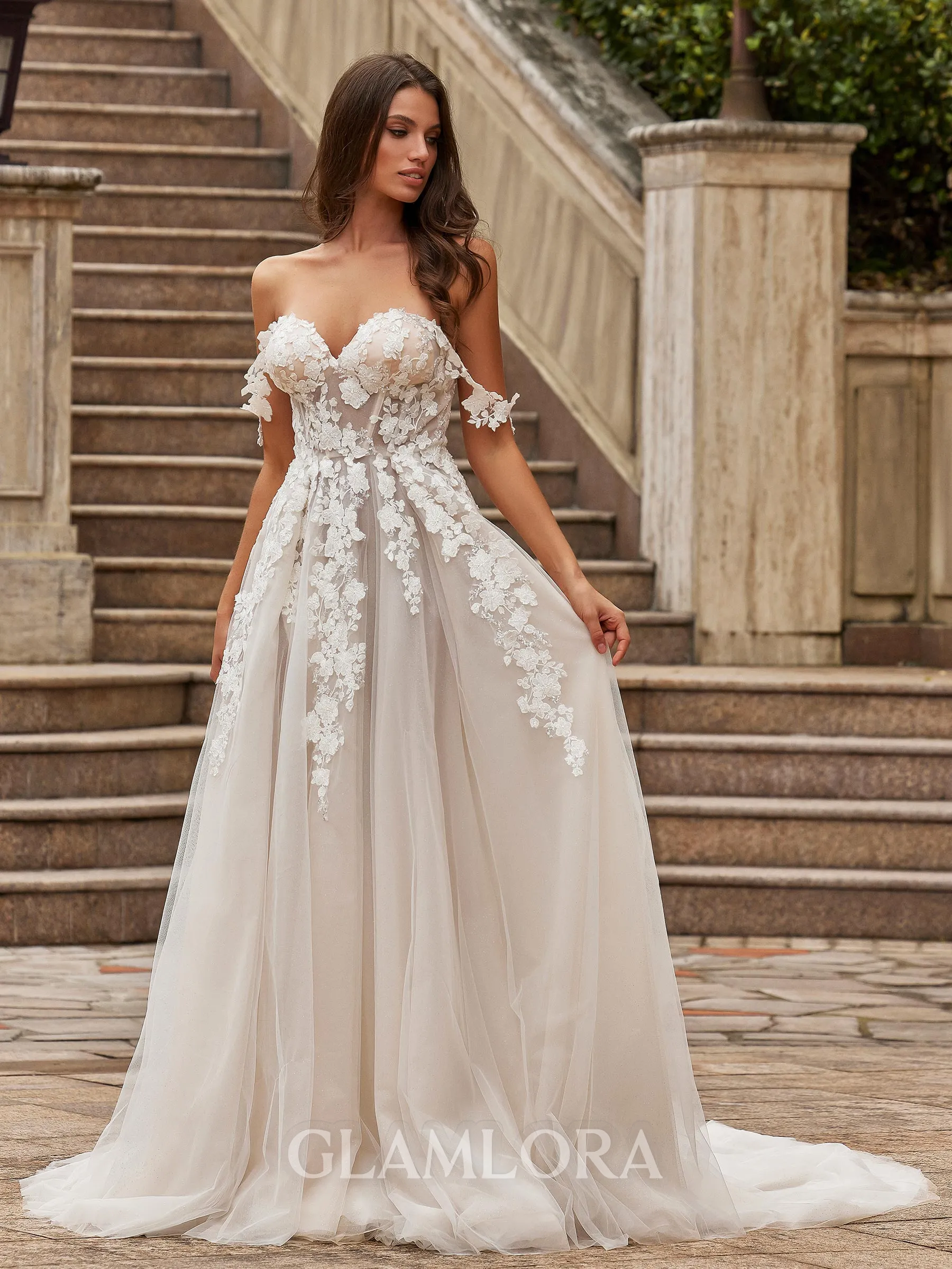 Trendy A-Line/Princess Tulle Applique Off-the-Shoulder Sleeveless Chapel Train Wedding Dresses