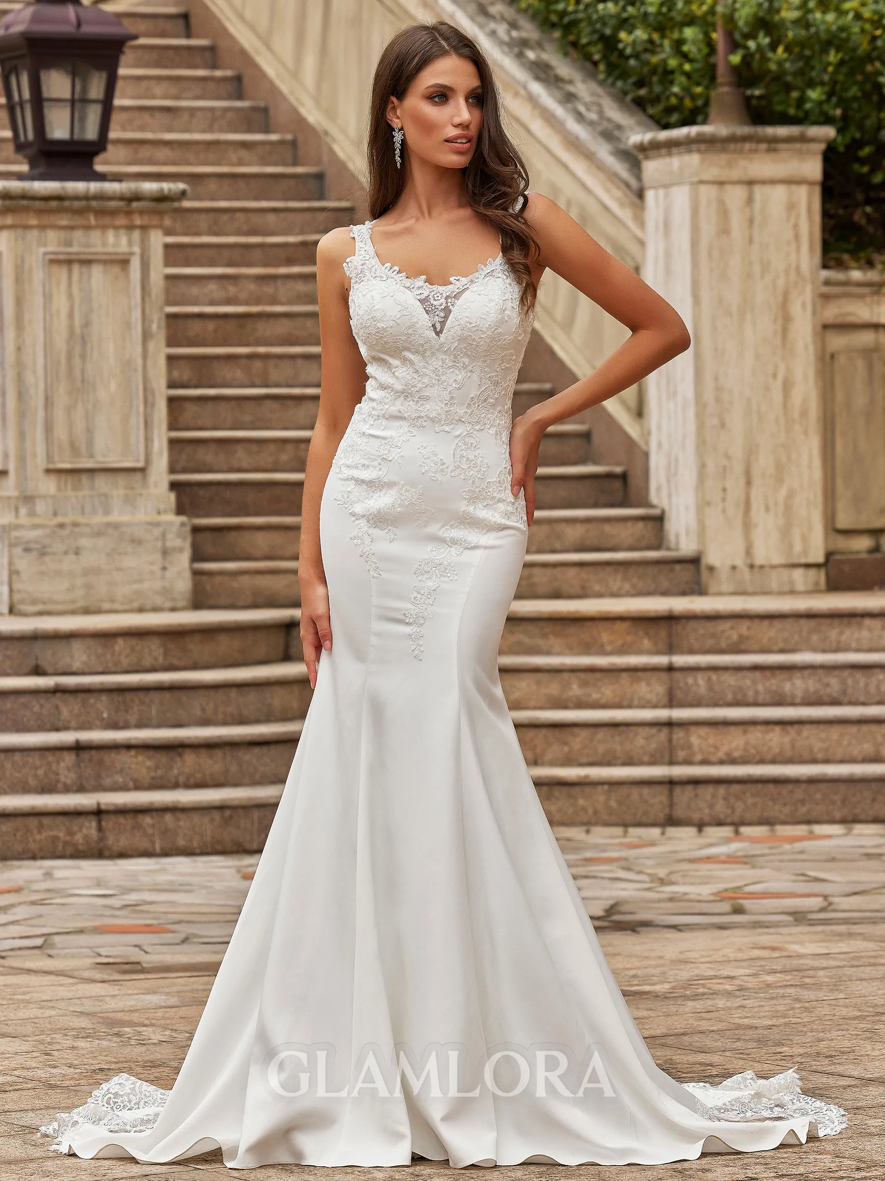 Glam Sheath/Column Stretch Crepe Lace Straps Sleeveless Court Train Wedding Dresses