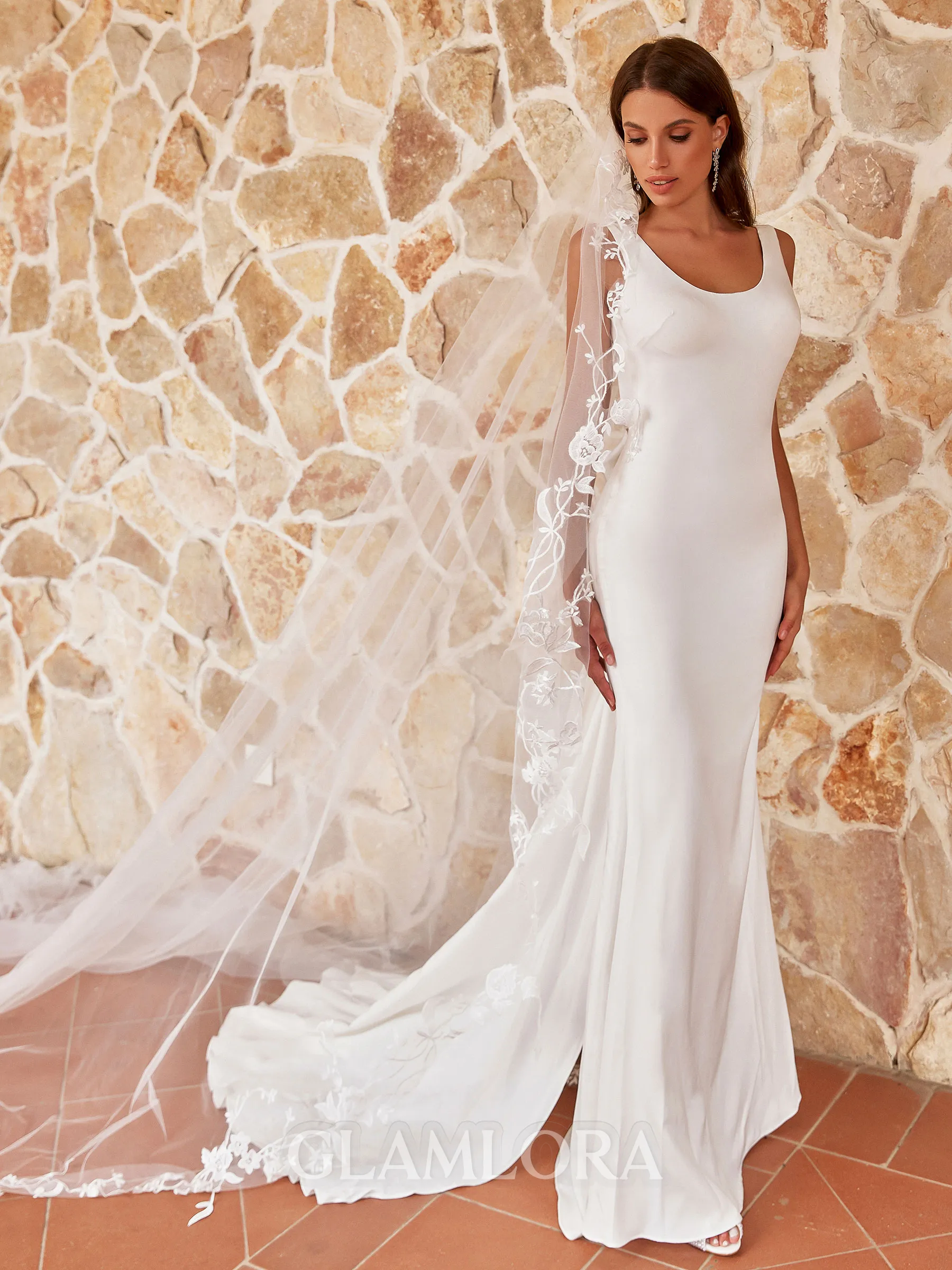 Glamorous Sheath/Column Stretch Crepe Bowknot Straps Sleeveless Sweep/Brush Train Wedding Dresses