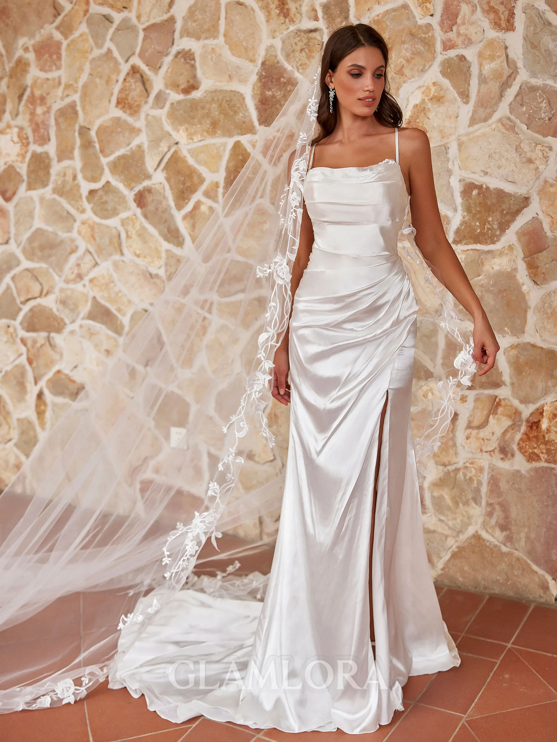 Graceful Sheath/Column Silk like Satin Ruched Spaghetti Straps Sleeveless Court Train Wedding Dresses