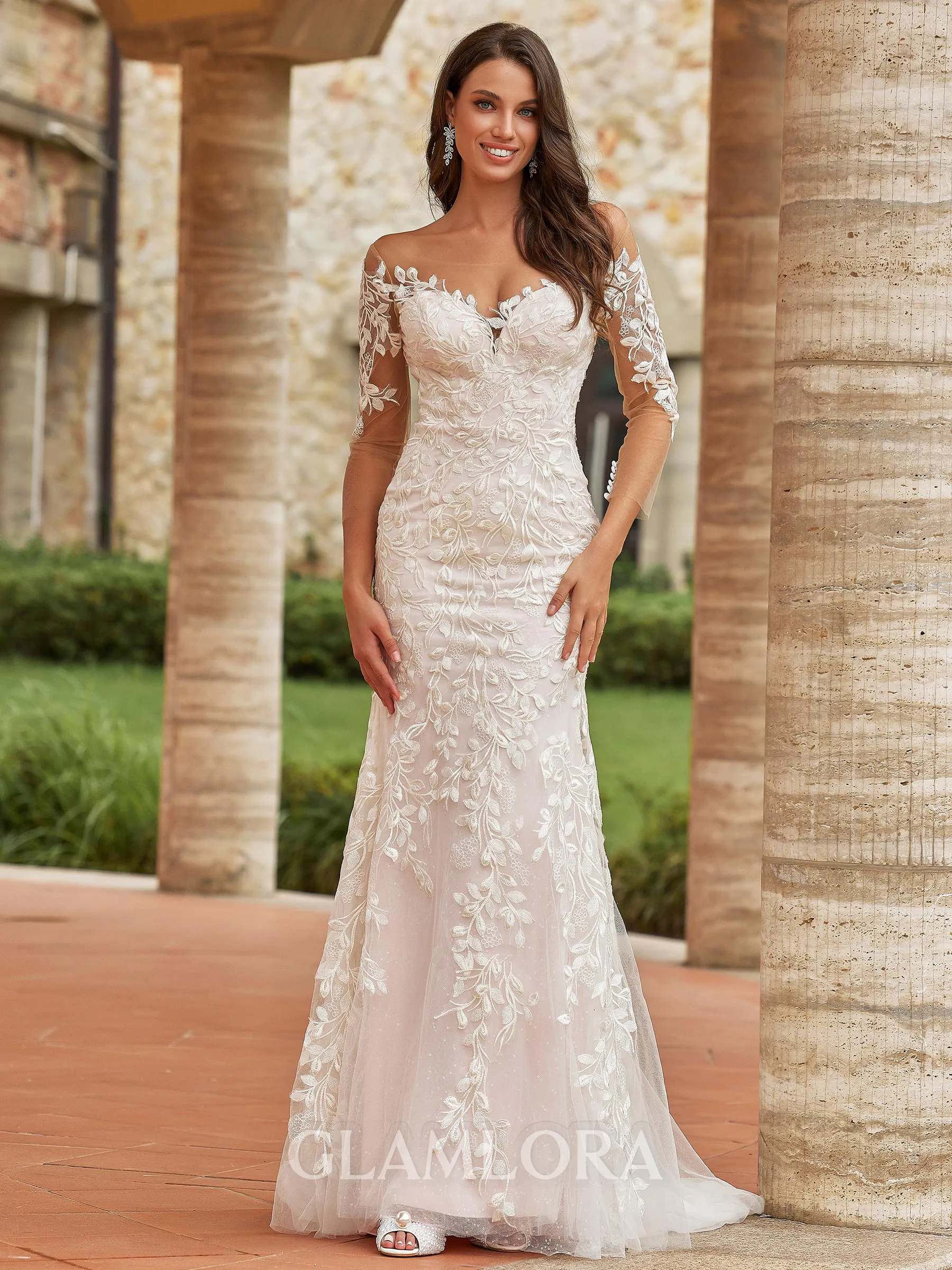 Show-stopping Sheath/Column Lace Off-the-Shoulder Long Sleeves Court Train Wedding Dresses