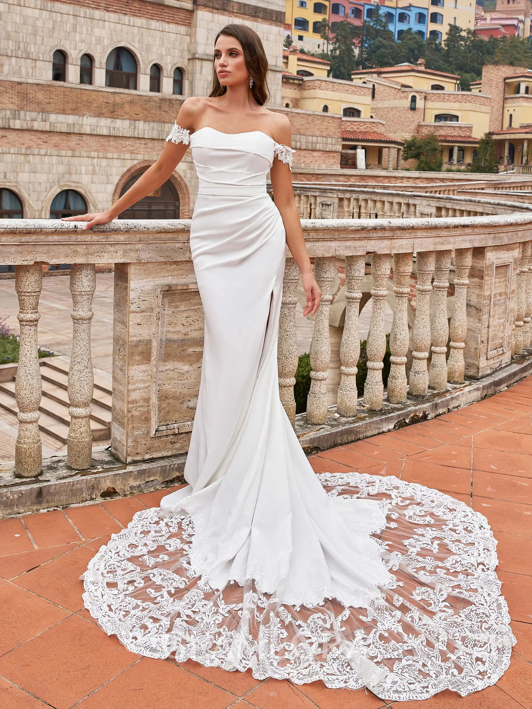 Classy Sheath/Column Stretch Crepe Lace Off-the-Shoulder Sleeveless Court Train Wedding Dresses