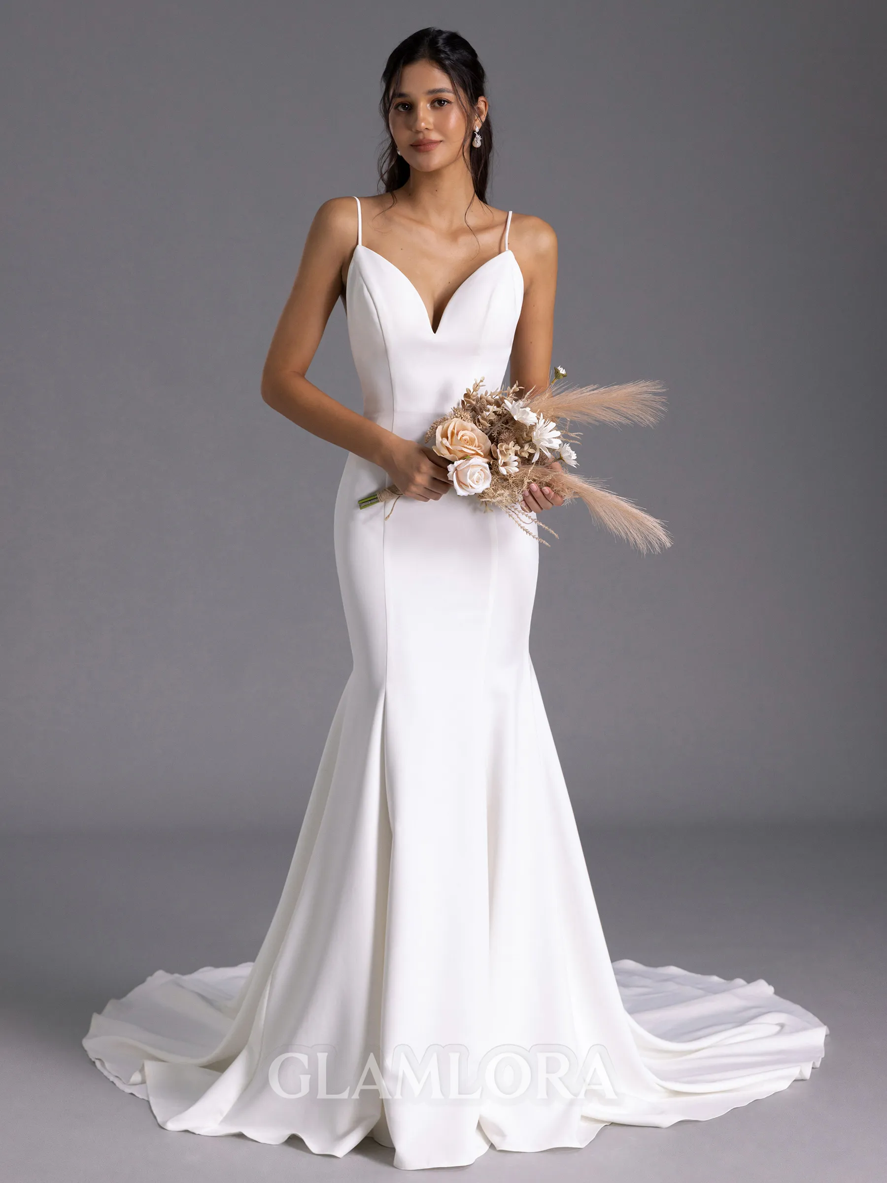 Classy Sheath V-Neck Bow Chapel Train Stretch Crepe Wedding Dress