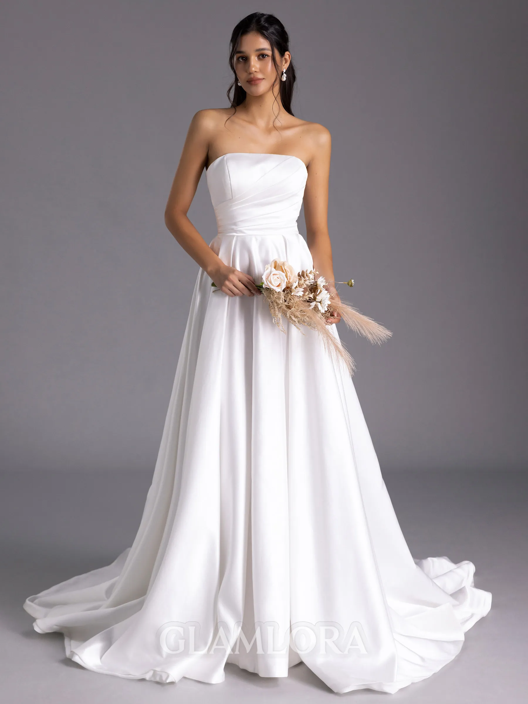 Refined A-line Straight Pleated Chapel Train Satin Wedding Dress