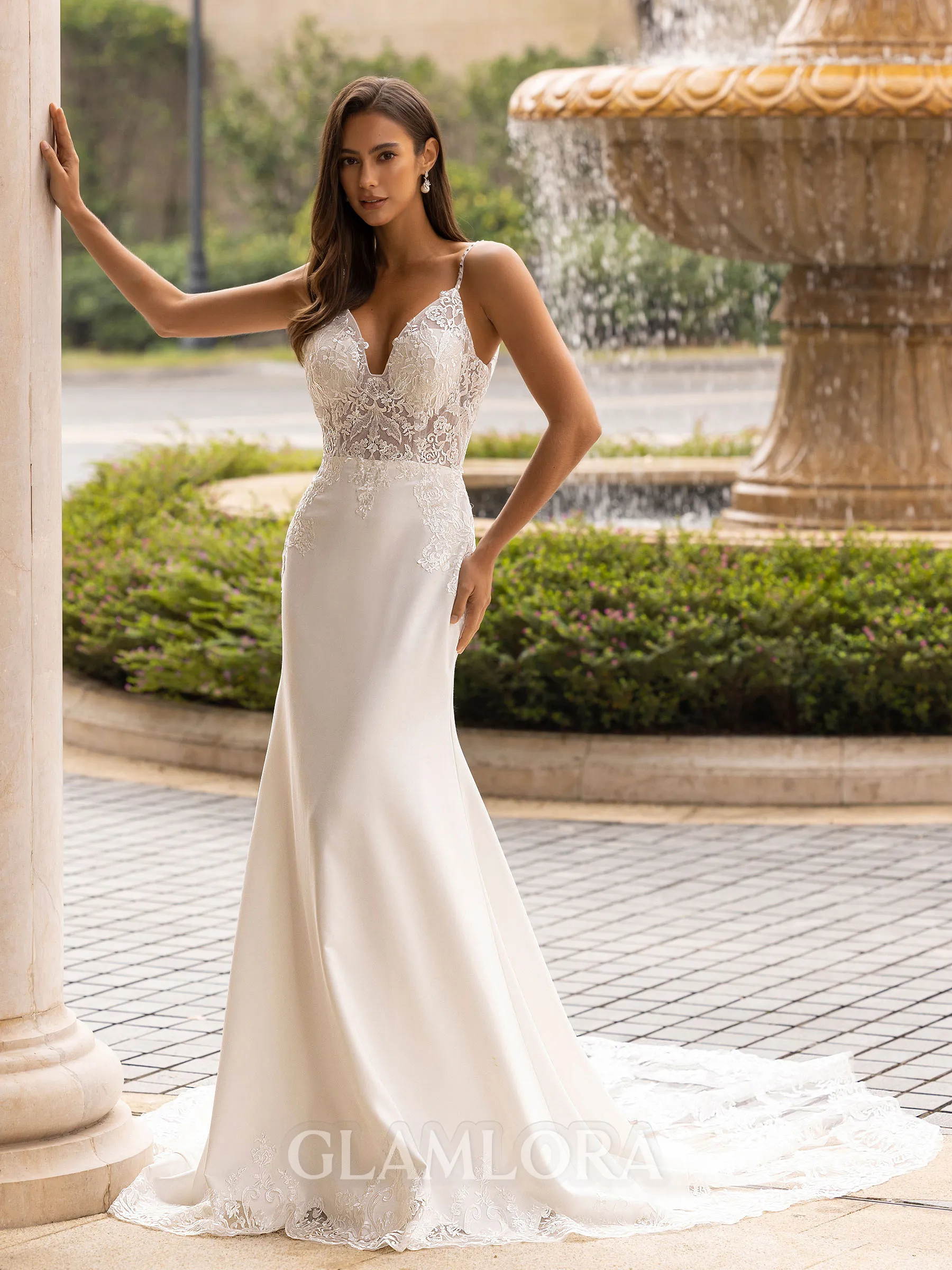 Graceful Sheath/Column Lace V-Neck Sleeveless Sweep/Brush Train Wedding Dress