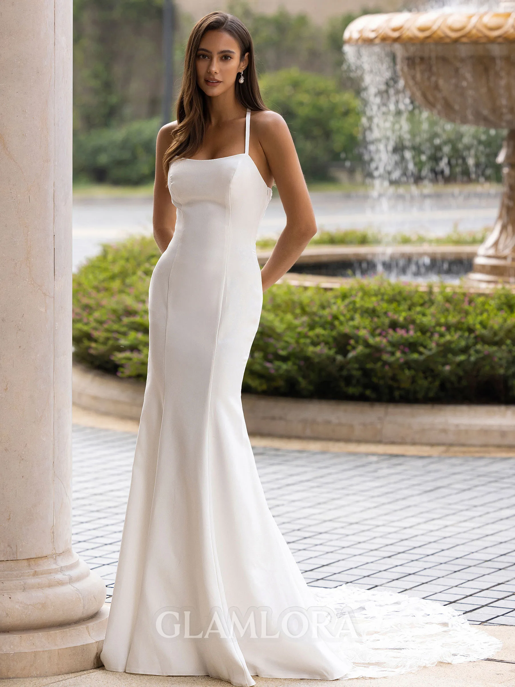 Refined Sheath/Column Stretch Crepe Lace Spaghetti Straps Sleeveless Sweep/Brush Train Wedding Dress