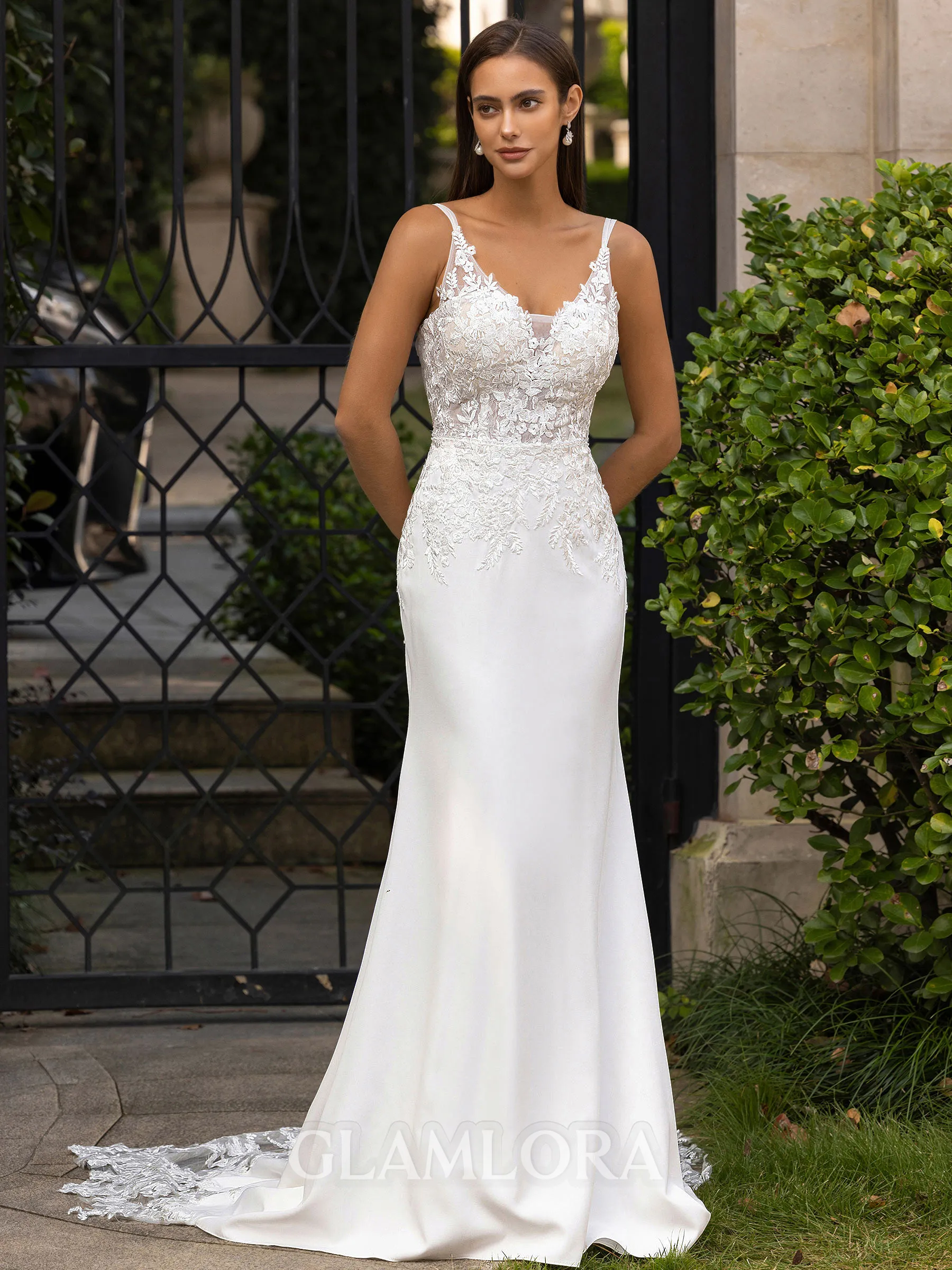 Glamorous Sheath/Column Stretch Crepe Lace V-Neck Sleeveless Sweep/Brush Train Wedding Dress