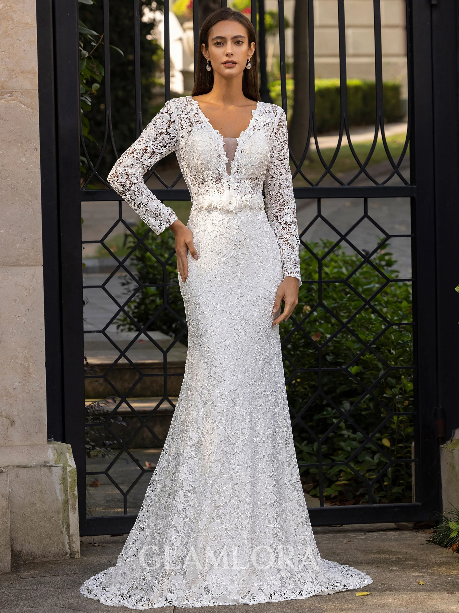 Tasteful Sheath/Column Lace Hand-Made Flower V-Neck Long Sleeves Sweep/Brush Train Wedding Dress