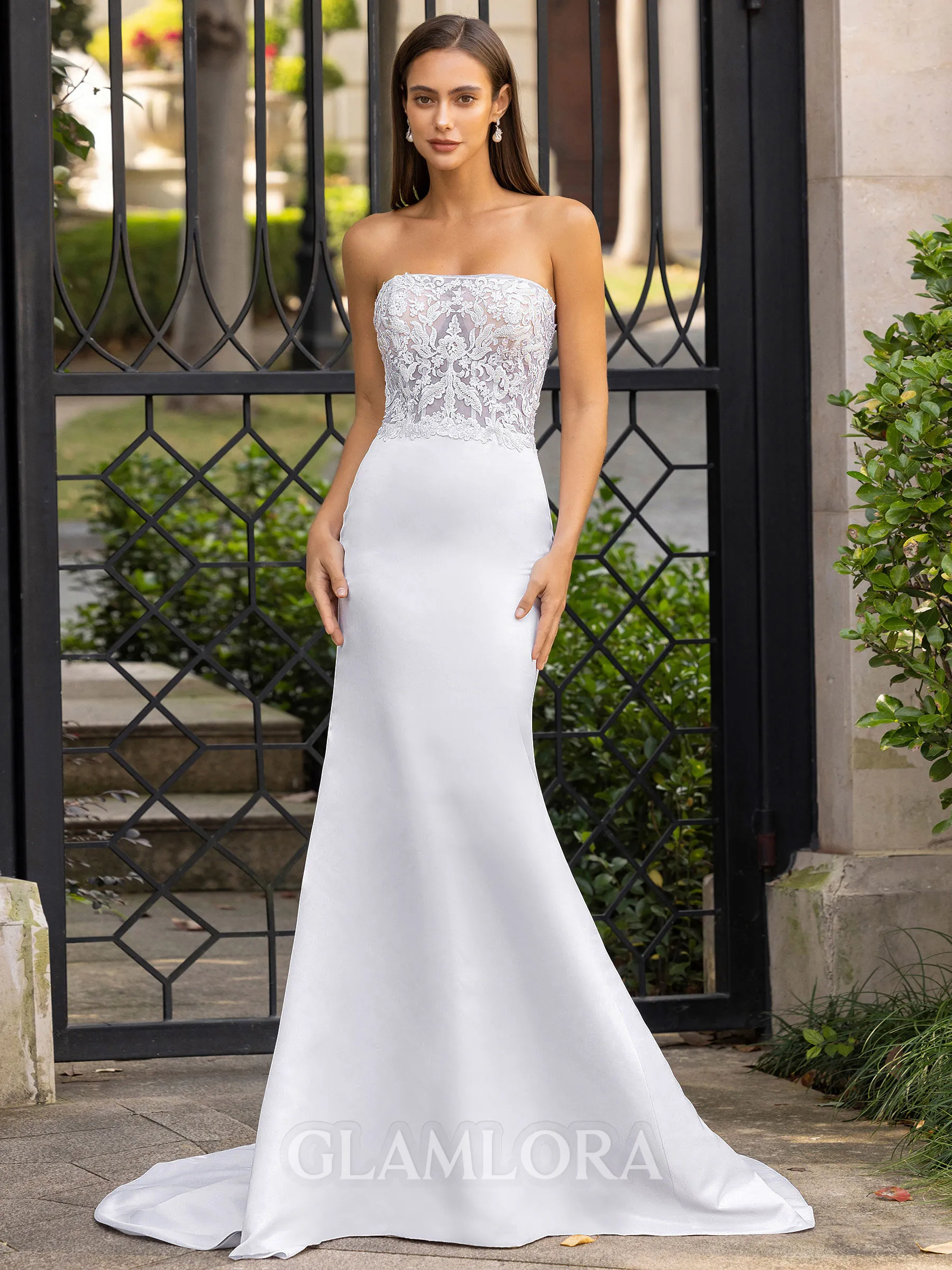 Resplendent Sheath Straight Appliques Lace Sweep Train Satin Wedding Dress