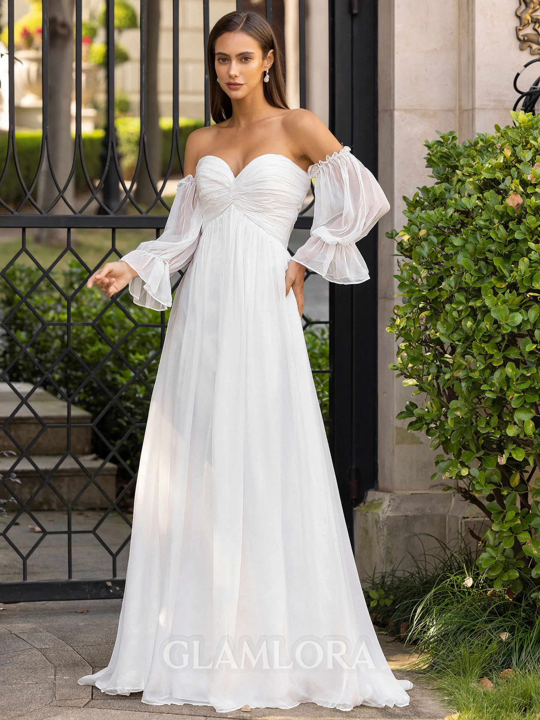 Impeccable A-Line/Princess 30D Chiffon Ruched Off-the-Shoulder Long Sleeves Sweep/Brush Train Wedding Dress