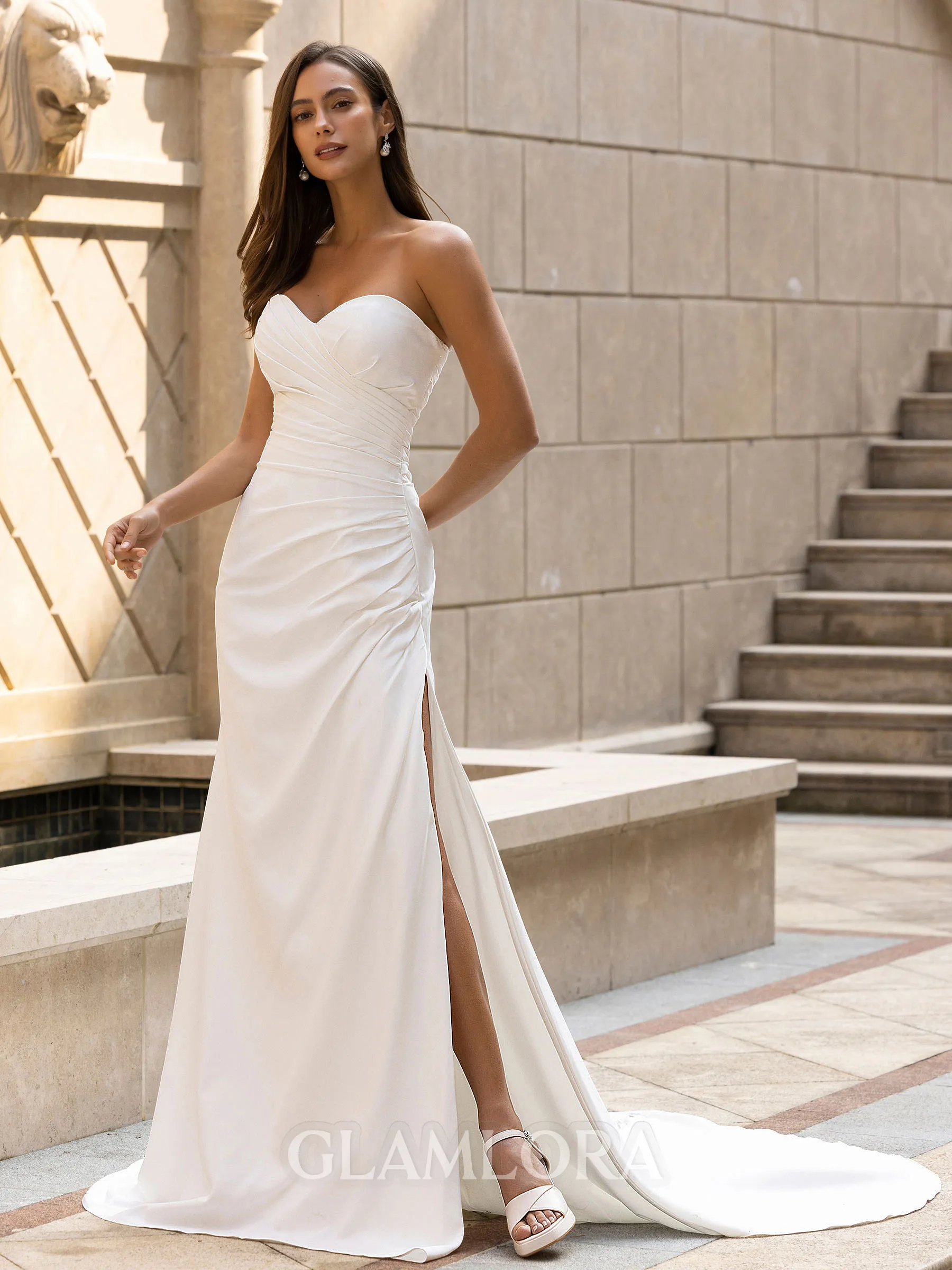 Stunning Sheath/Column Stretch Crepe Ruched Sweetheart Sleeveless Sweep/Brush Train Wedding Dress