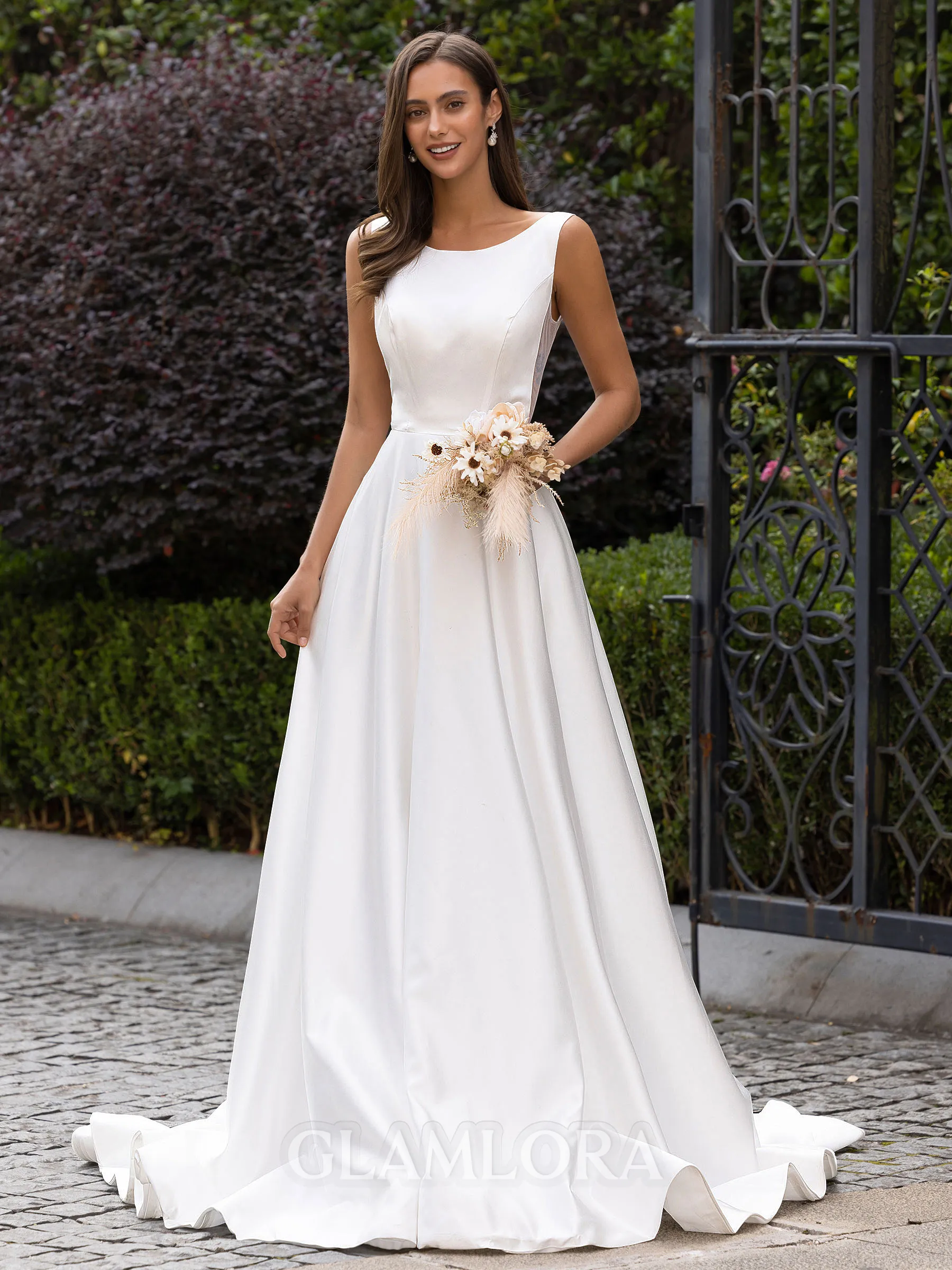 Noble A-Line/Princess Satin Ruffles Scoop Sleeveless Sweep/Brush Train Wedding Dress