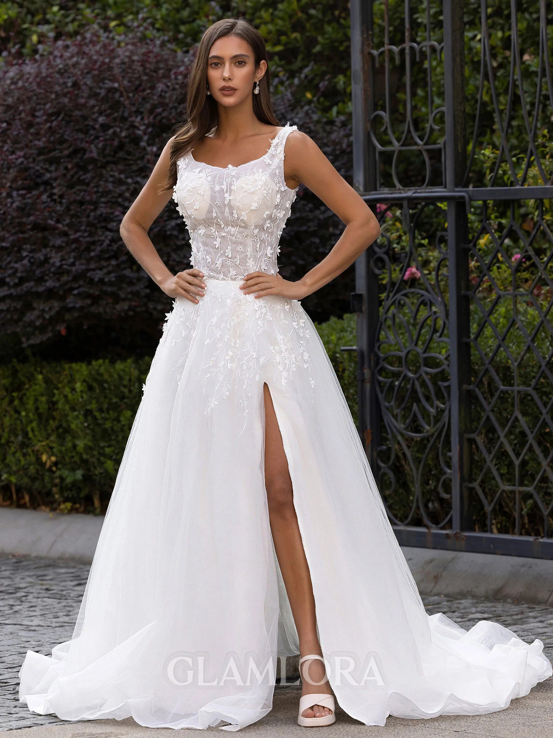 Rhythmic A-Line/Princess Organza Applique Straps Sleeveless Sweep/Brush Train Wedding Dress