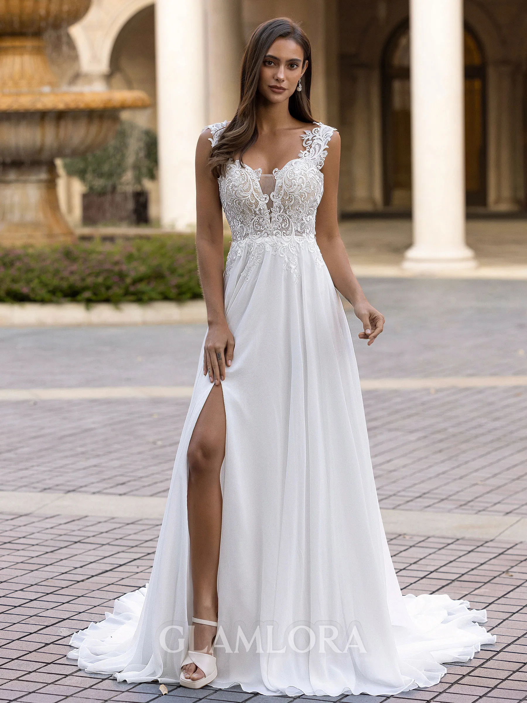 Stylish A-Line/Princess Chiffon Applique Straps Sleeveless Sweep/Brush Train Wedding Dress