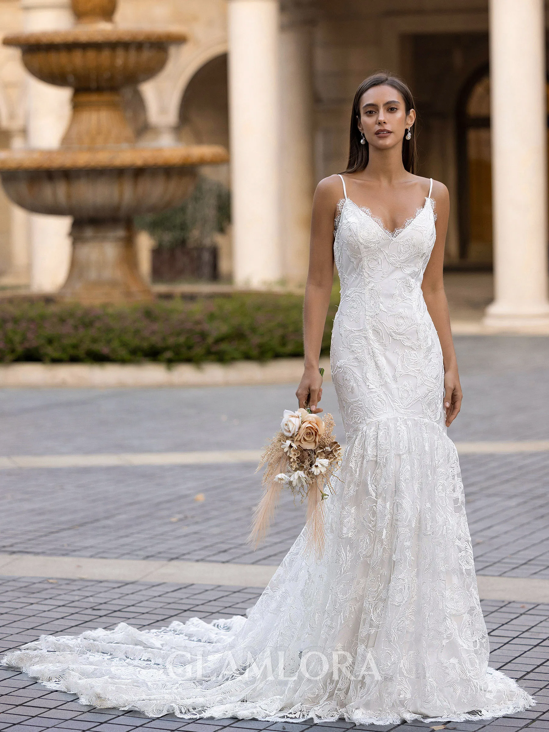 Refined Sheath/Column Lace  V-Neck Sleeveless Sweep/Brush Train Wedding Dress