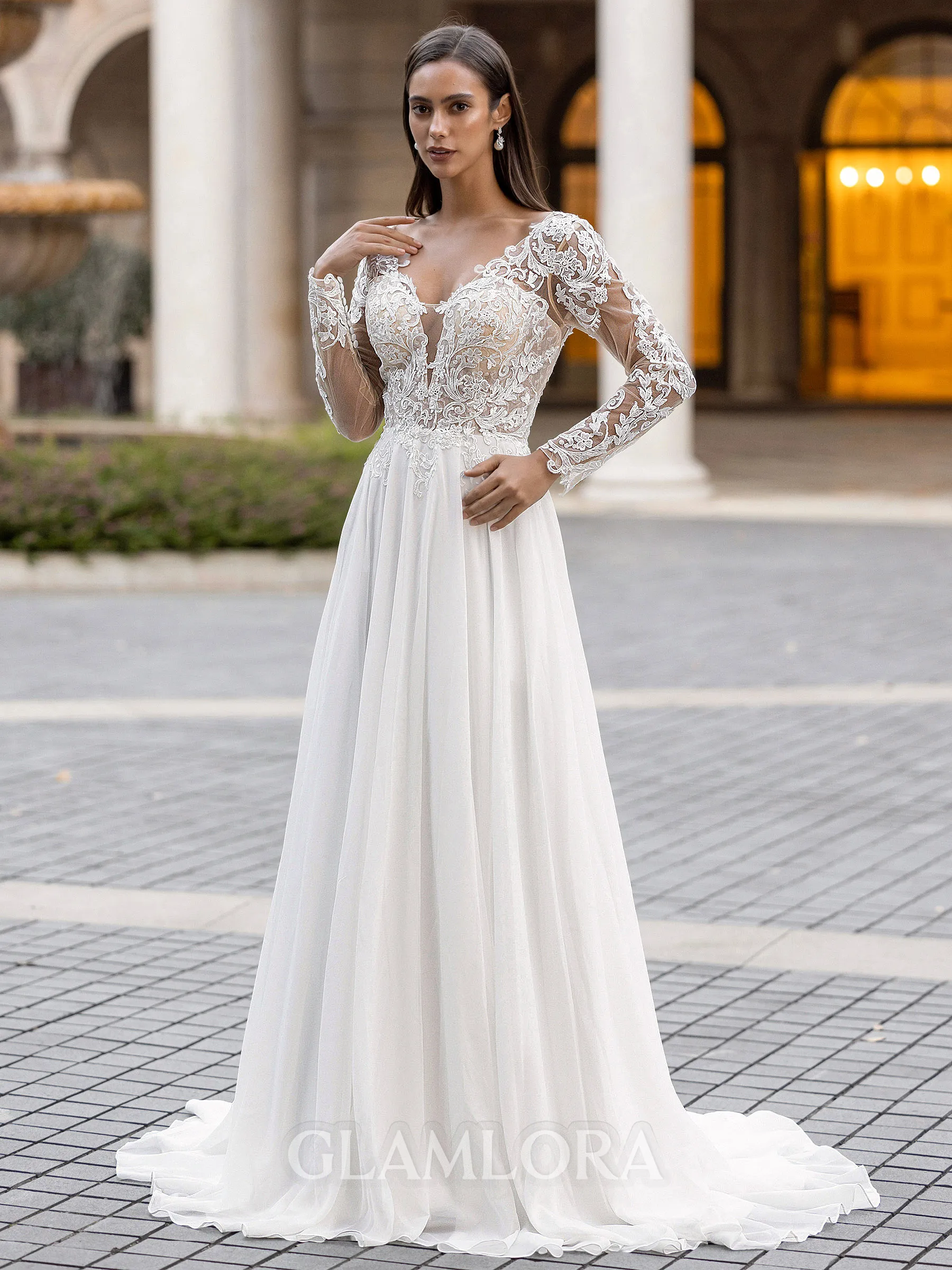 Chic A-Line/Princess Chiffon Applique V-Neck Long Sleeves Sweep/Brush Train Wedding Dress