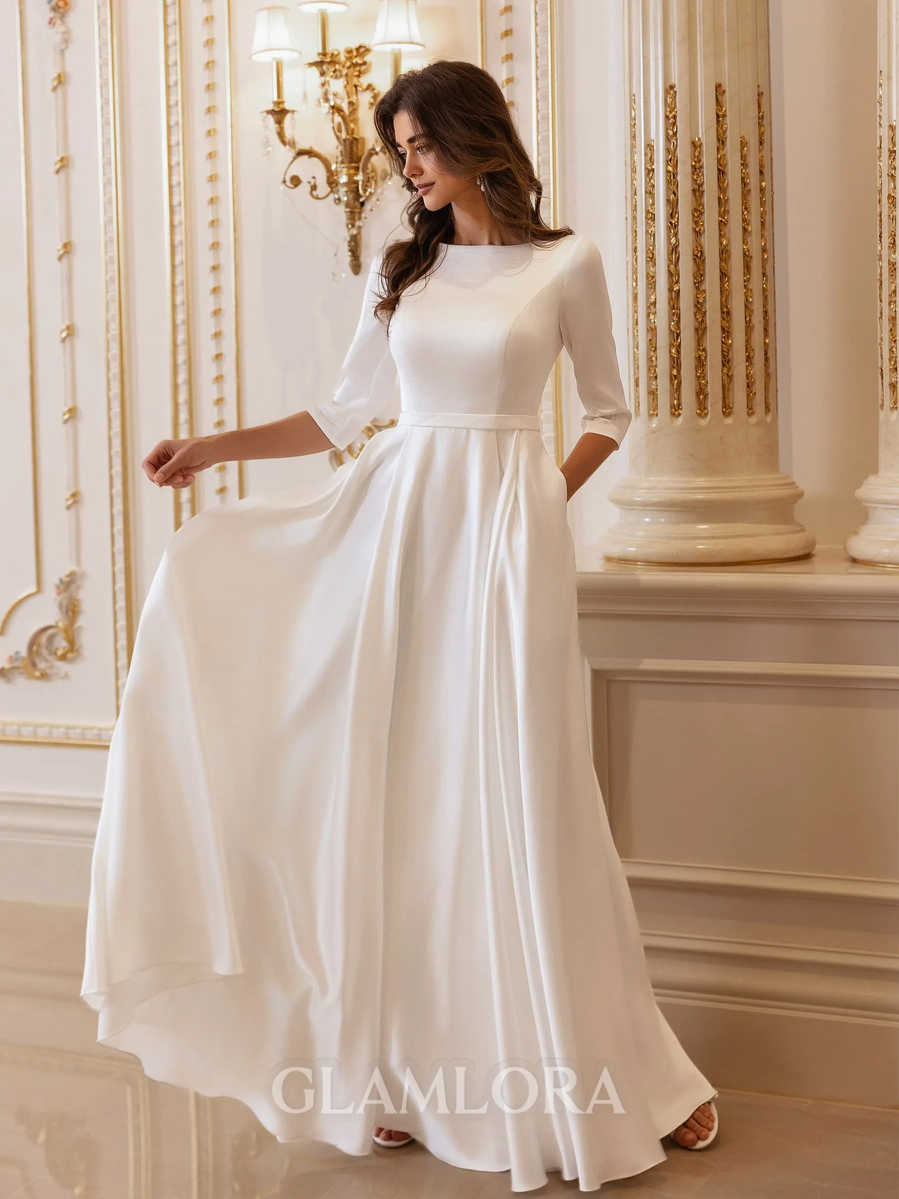 Elegant A-line Bateau 3/4 Sleeves Floor-Length Wedding Dress