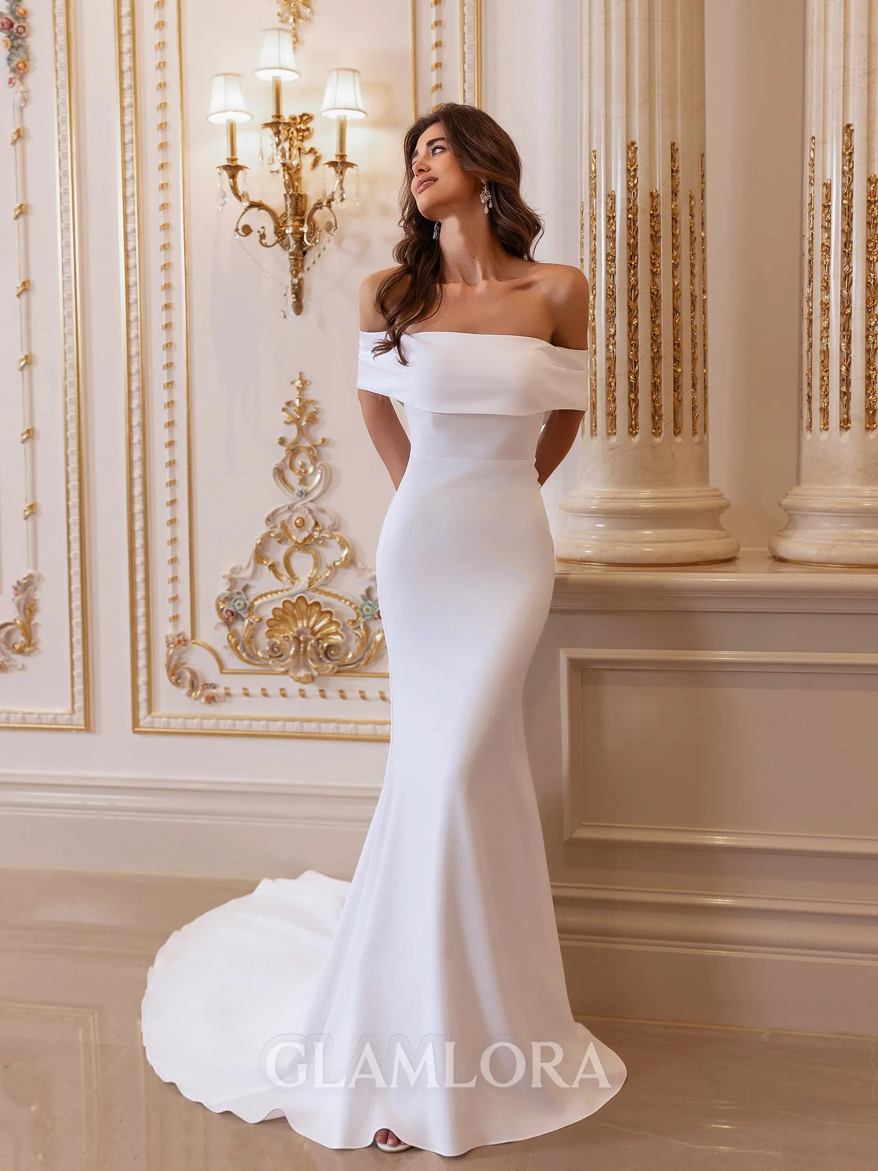 Sophisticated Sheath Off-the-Shoulder Cathedral Train Stretch Crepe Wedding Dress