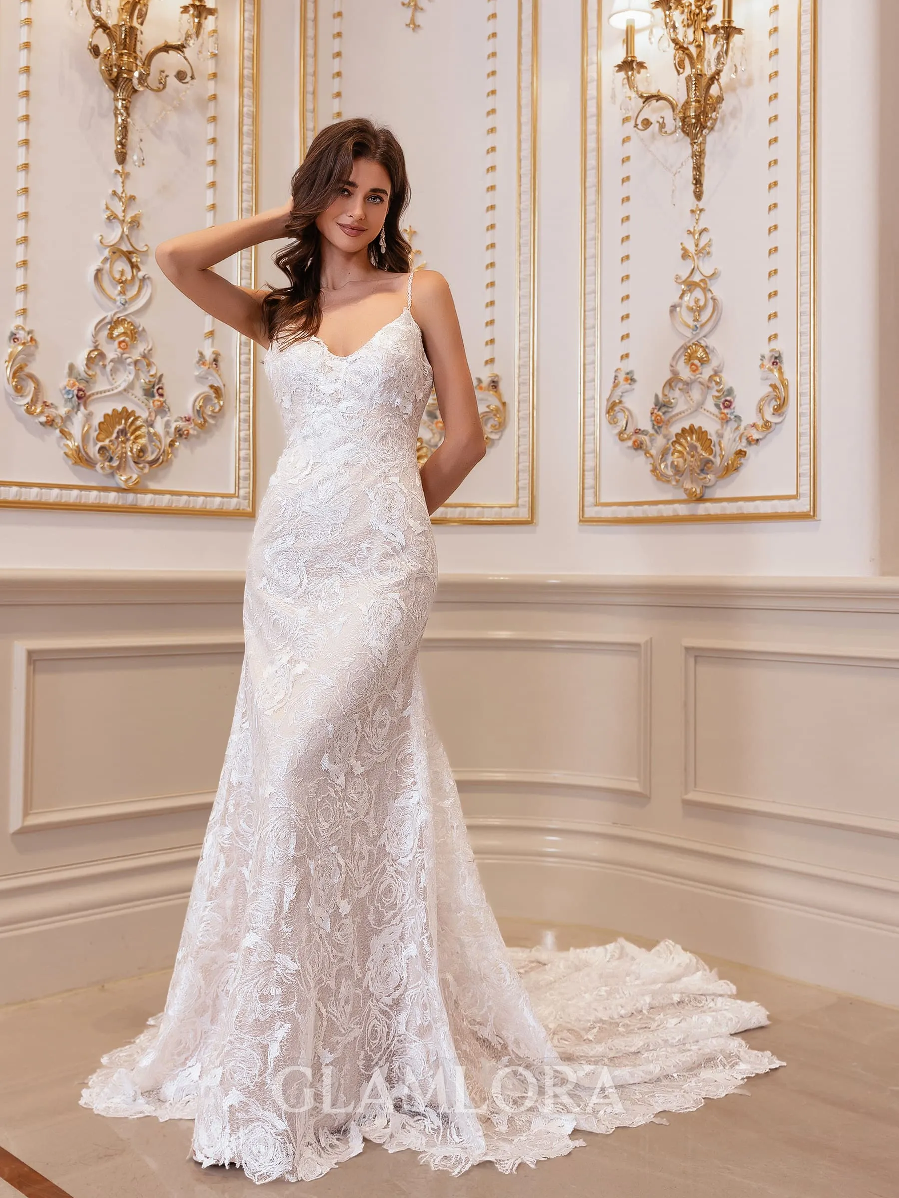 Regal Sheath V-Neck Appliques Lace Chapel Train Lace Wedding Dress