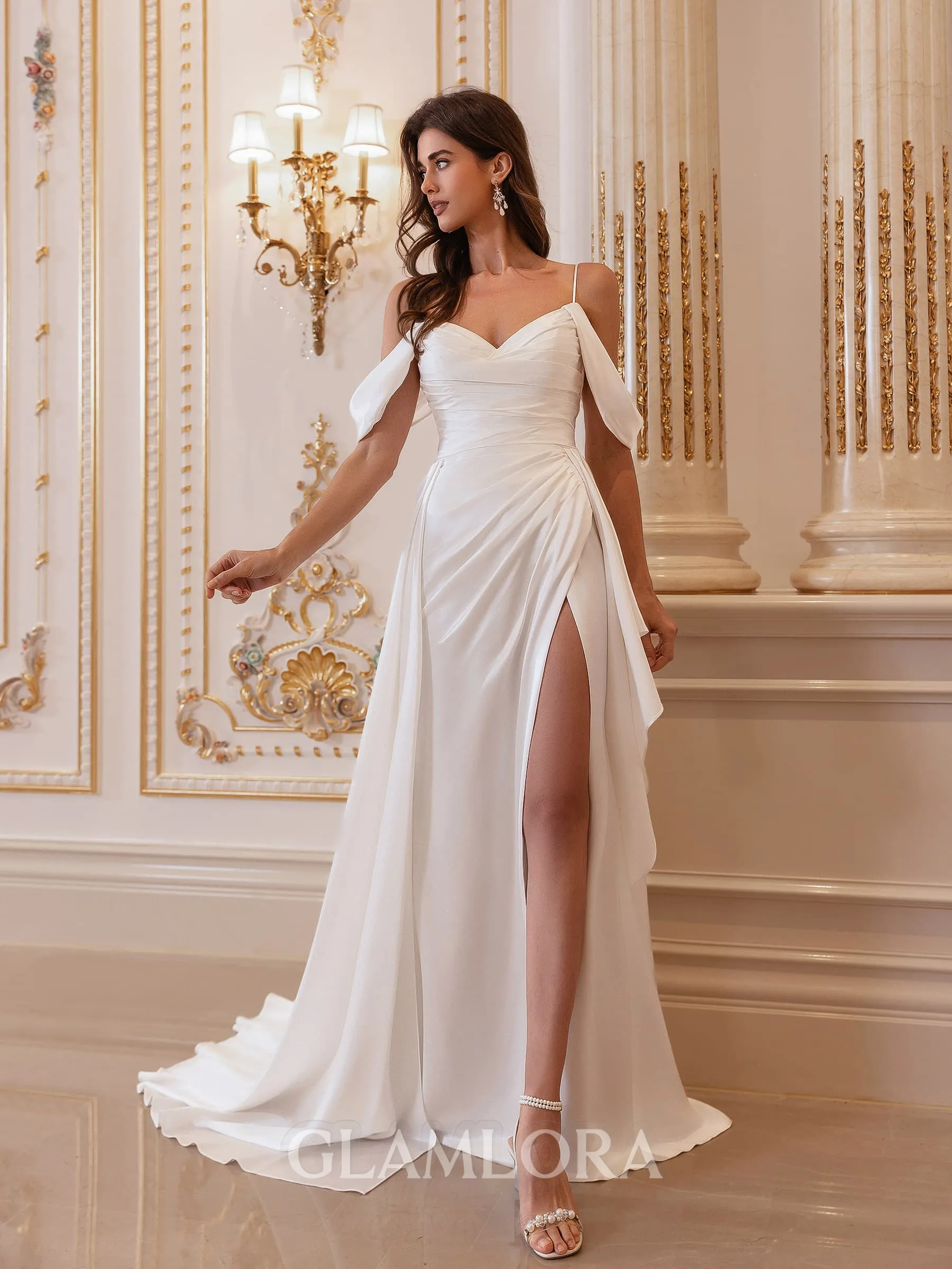 Refined A-line Cold Shoulder Pleated Court Train Charmeuse Wedding Dress